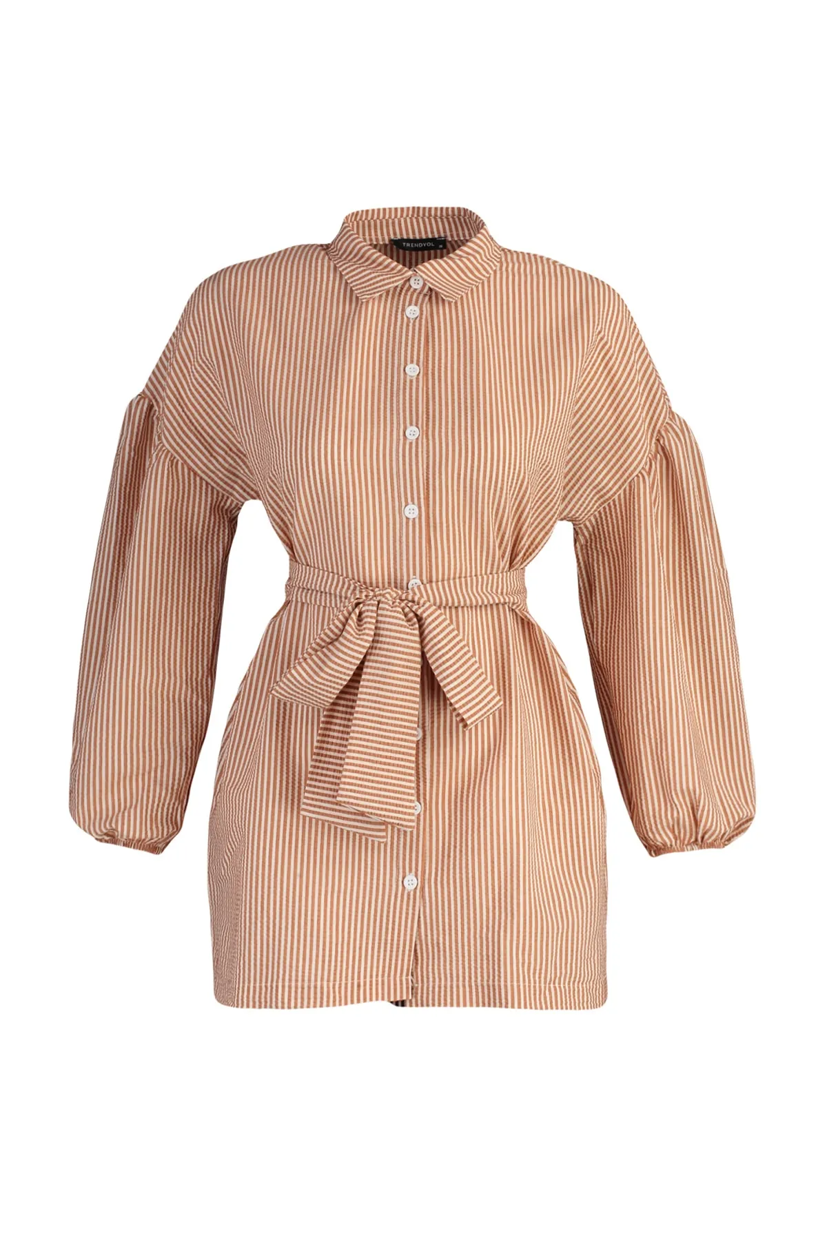 Trendyol Modest  Orange gestreiftes, gewebtes Hemd mit Ballonärmeln und langem Rücken, Gürtel TCTSS22GO0116