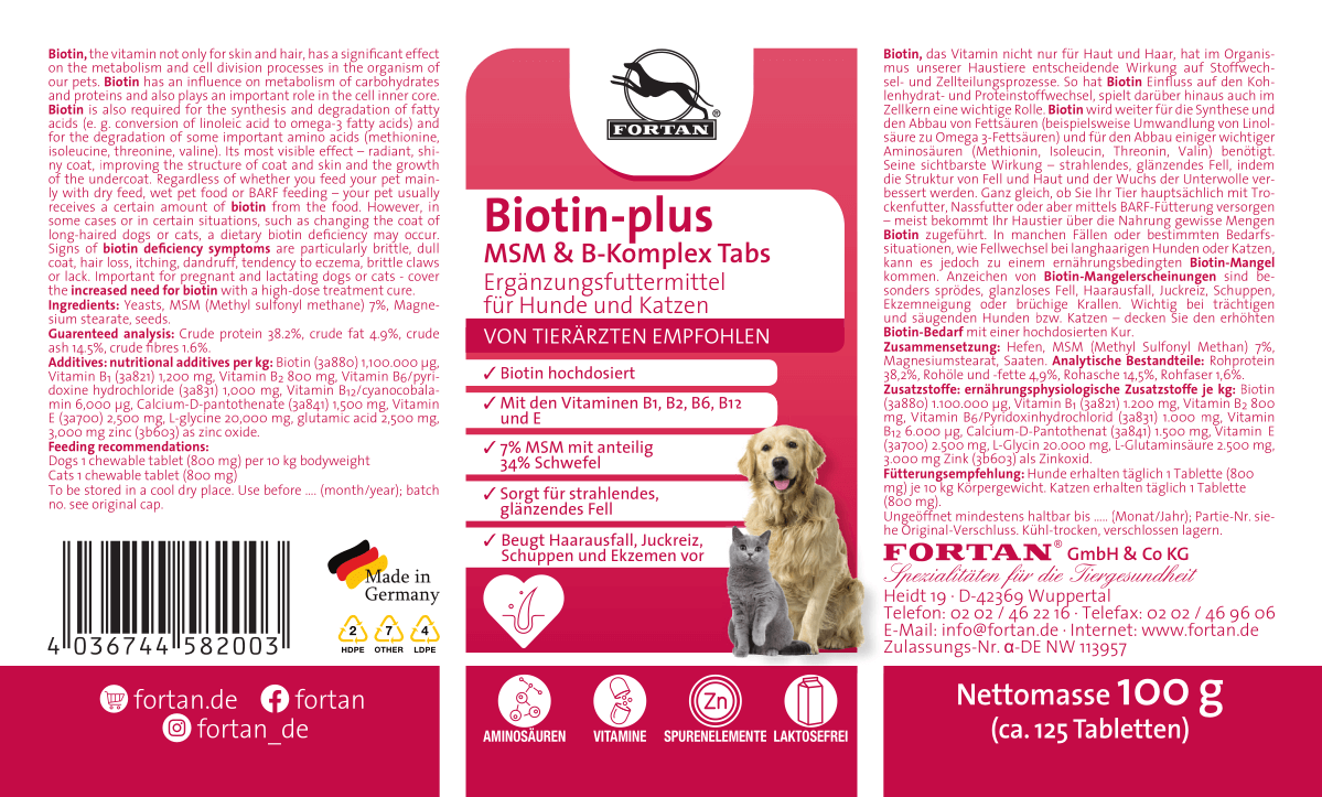 Fortan Ergänzungsfutter & Aufzucht Fortan Biotin-plus MSM & B-Komplex Tabs 100 g