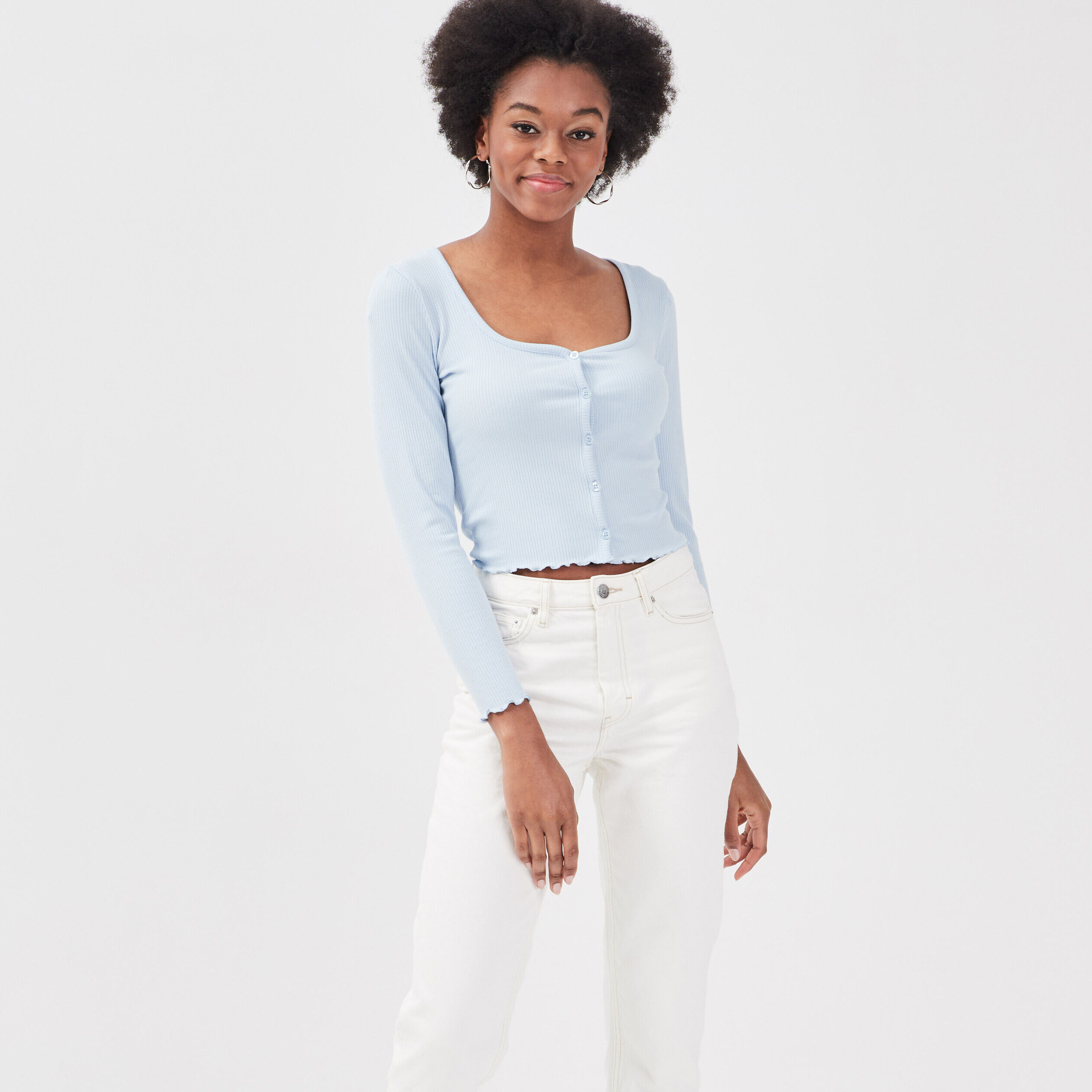 Gilet boutonné manches longues bleu pastel femme | Cache Cache