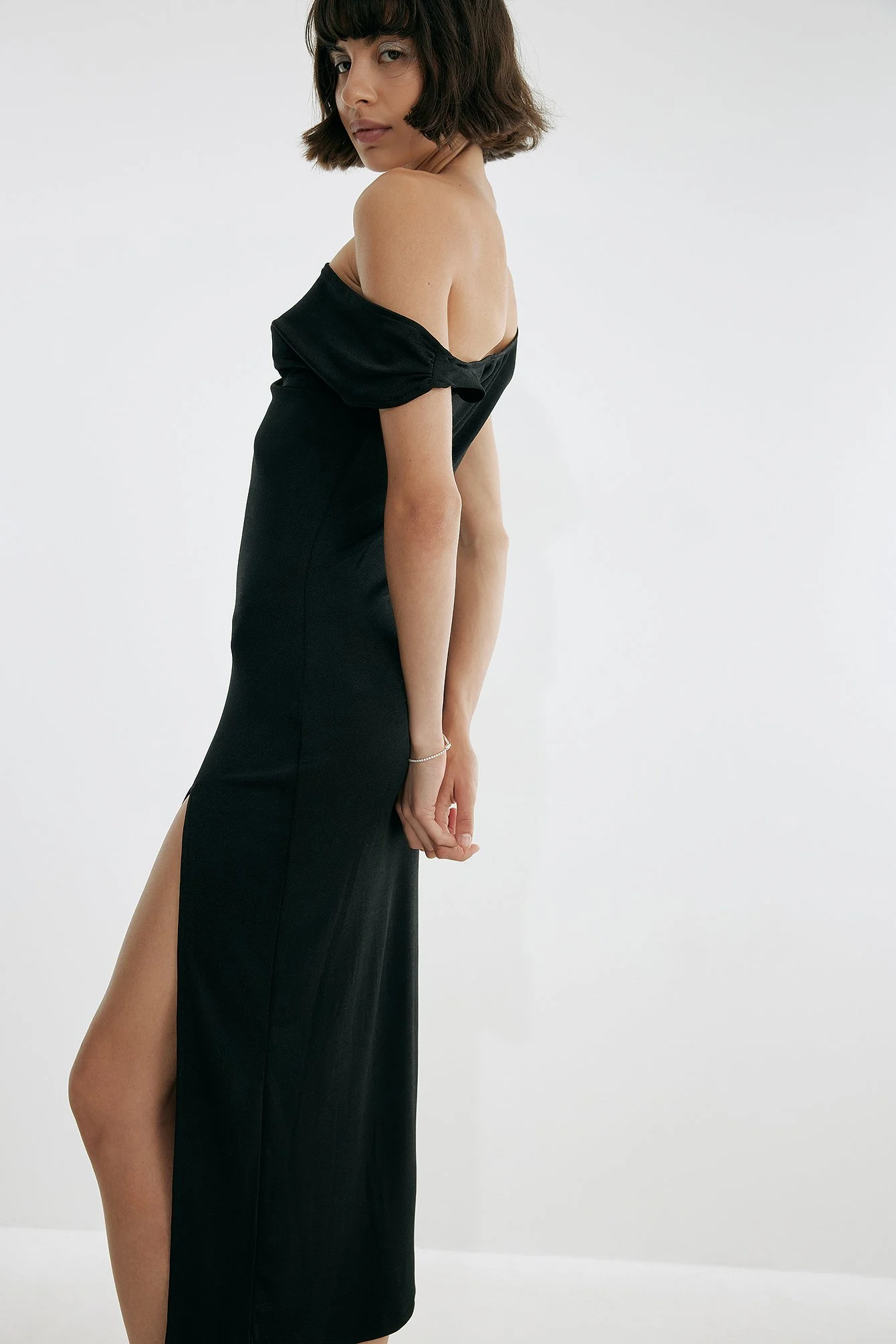 Slip Shoulder High Slit Dress