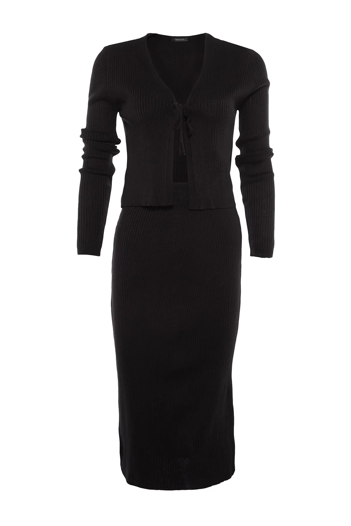 Trendyol Collection  Schwarzes, kurzes Strickoberteil und -unterteil-Set mit Spitzendetail TWOAW23AU00117