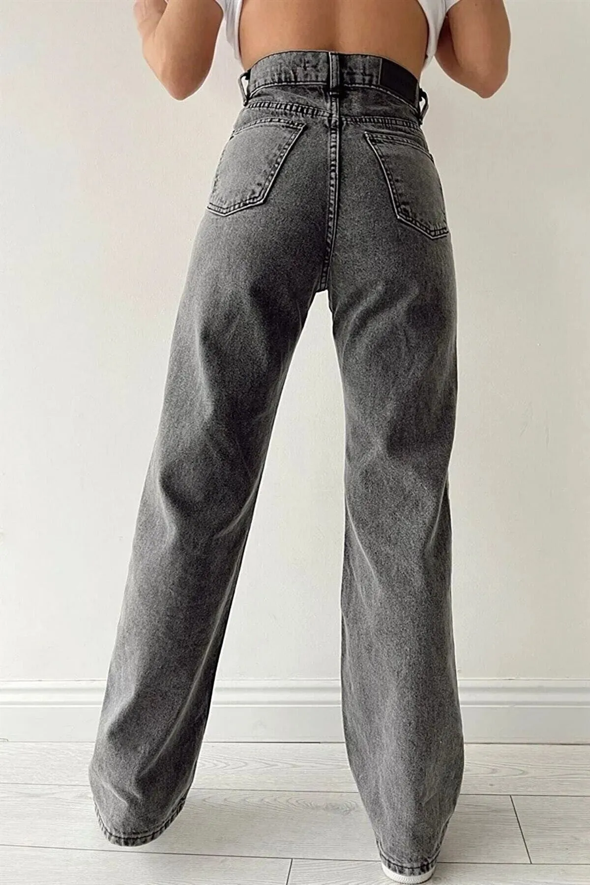 TRENDNATUREL  Penelope Anthrazitfarbene, schneegewaschene Lycra-Palazzo-Jeans mit extra hoher Taille und weitem Bein