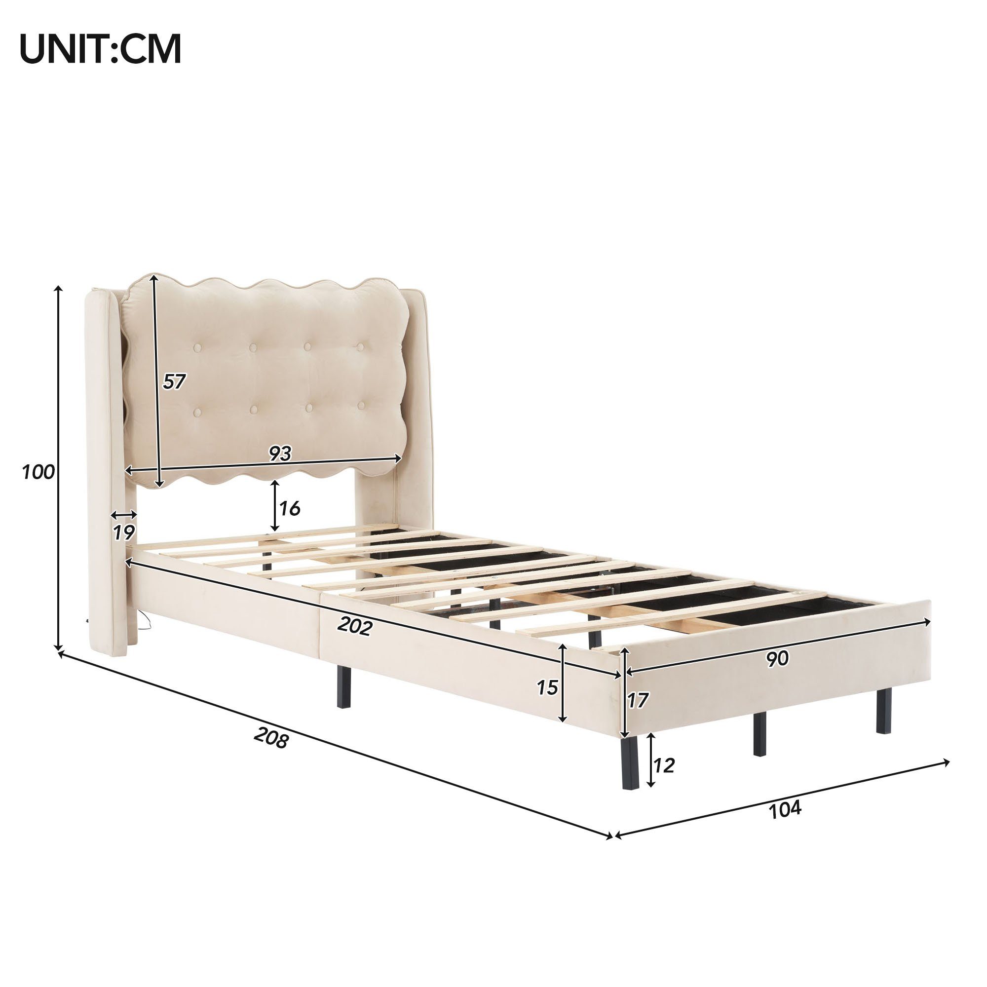 Flieks Polsterbett, Kinderbett Einzelbett mit warmgelben Lichtstreifen 90x200cm Samt