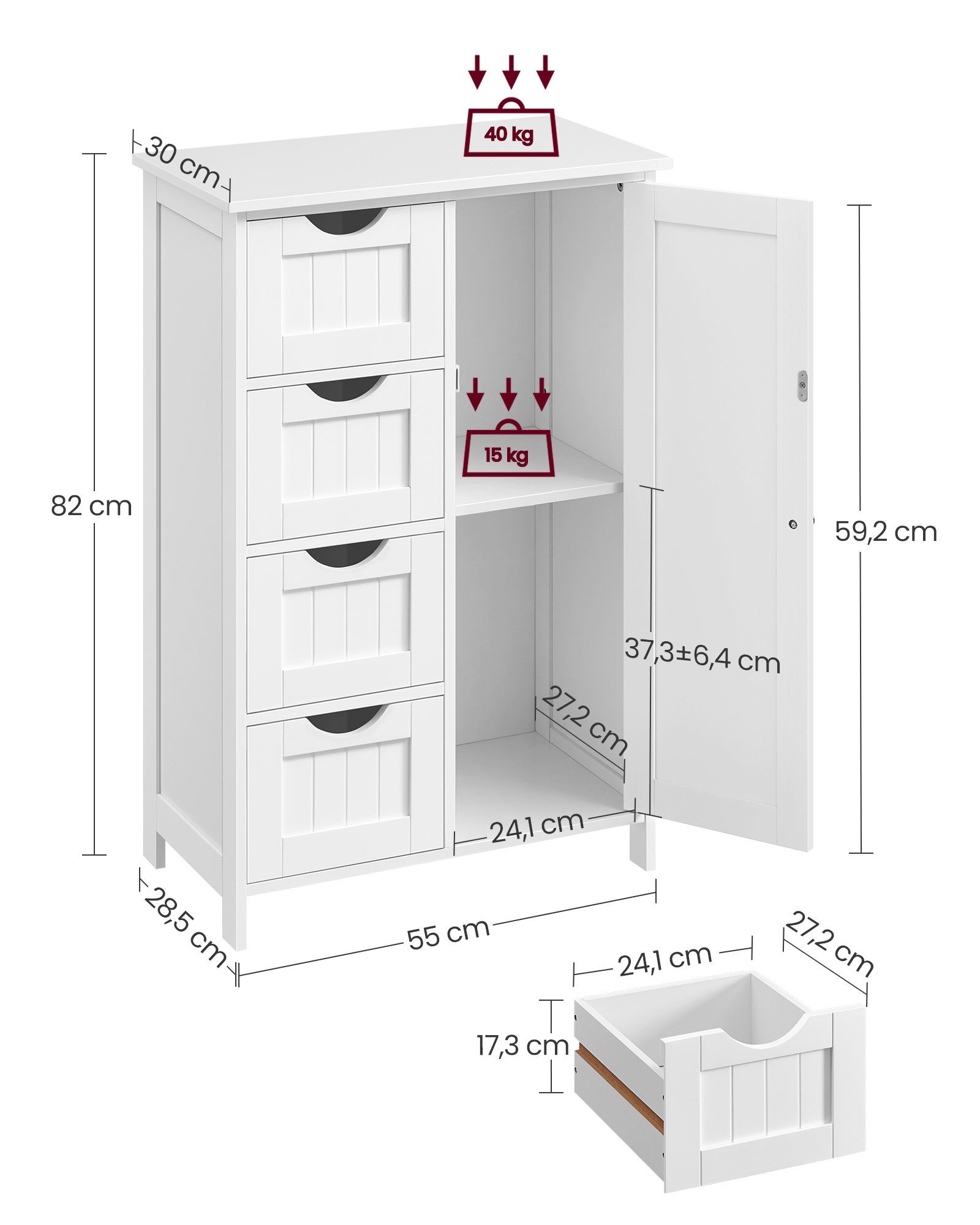 VASAGLE Badmöbel-Set Badezimmerschrank, 4 Schubladen, verstellbare Ablage