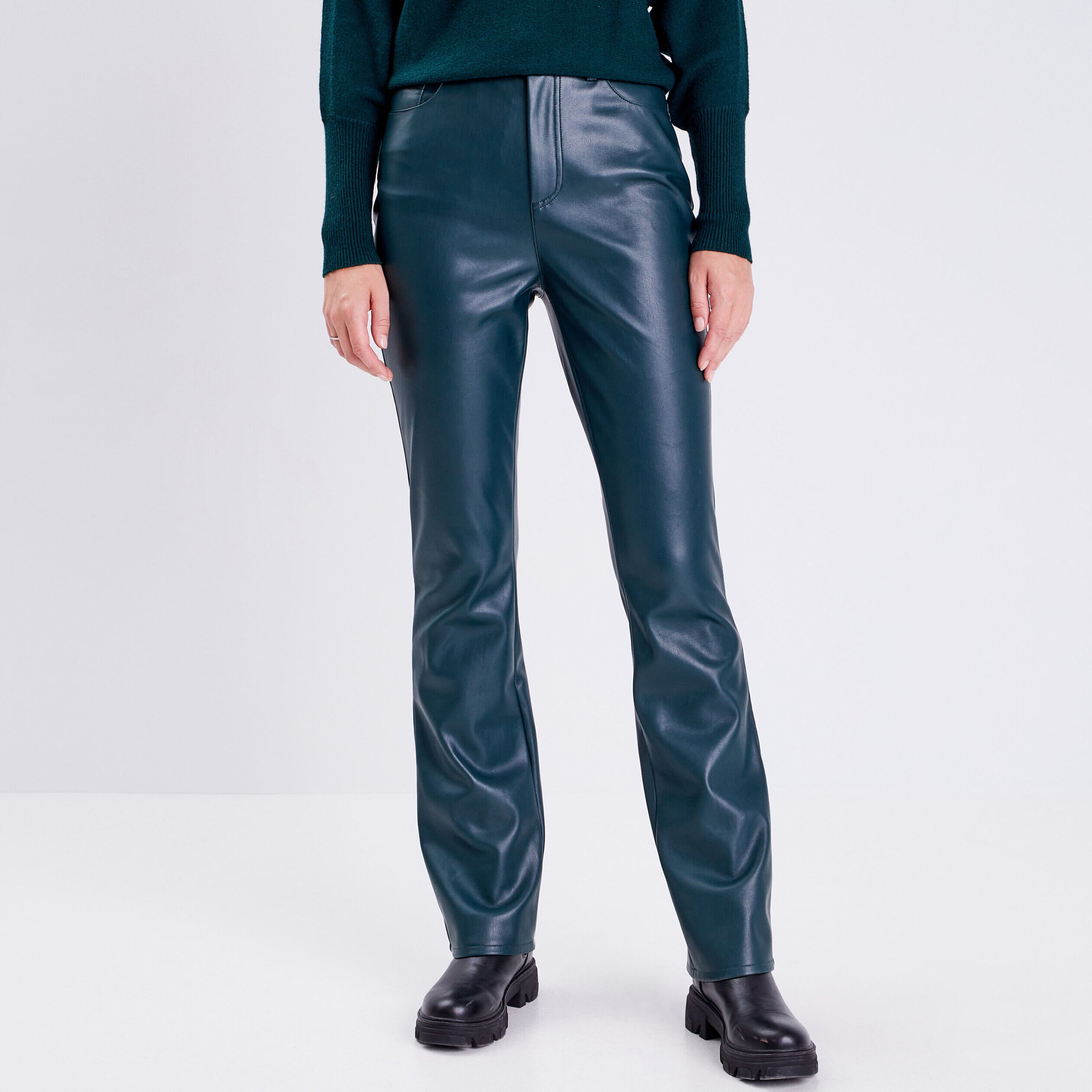 Pantalon flare simili cuir vert foncé femme | Cache Cache