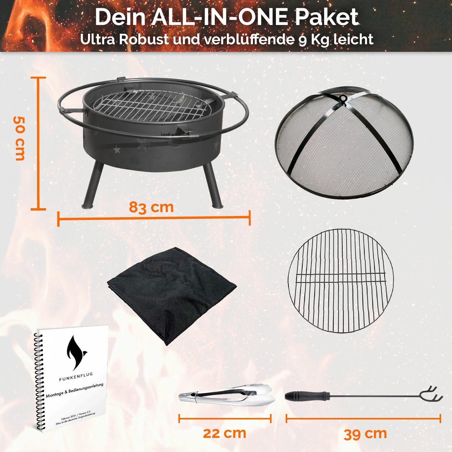 Funkenflug Feuerschale Feuerschale mit Funkenschutz in atemberaubender Mond und Sterne Optik, (Feuerschale inkl. Grillzubehör, Feuerkorb mit Grillrost & Grill Abdeckhaube), - Feuerstelle für geselliges Ambiente -
