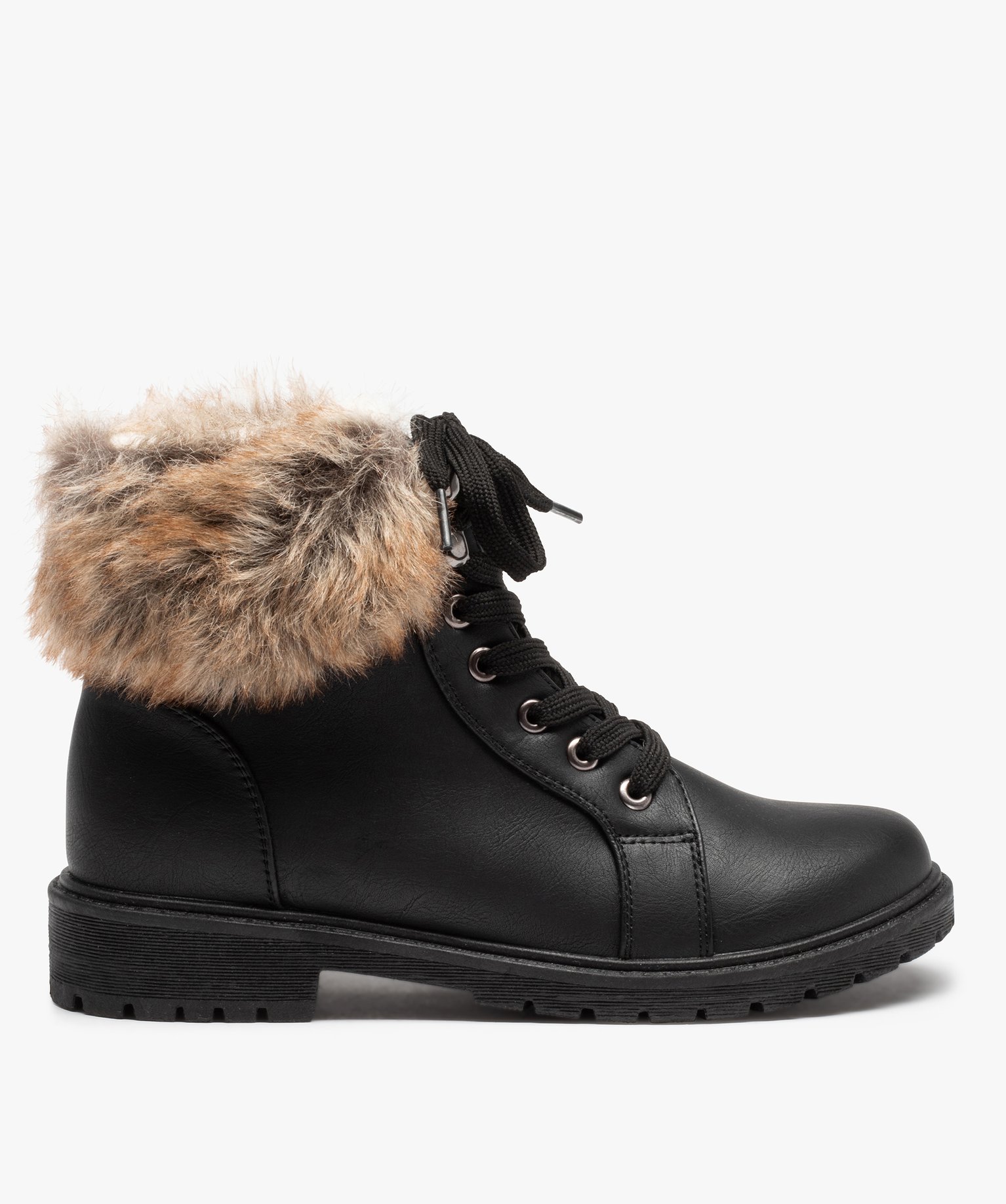 Boots fourrées femme col peluche et fermeture lacets noir | GEMO