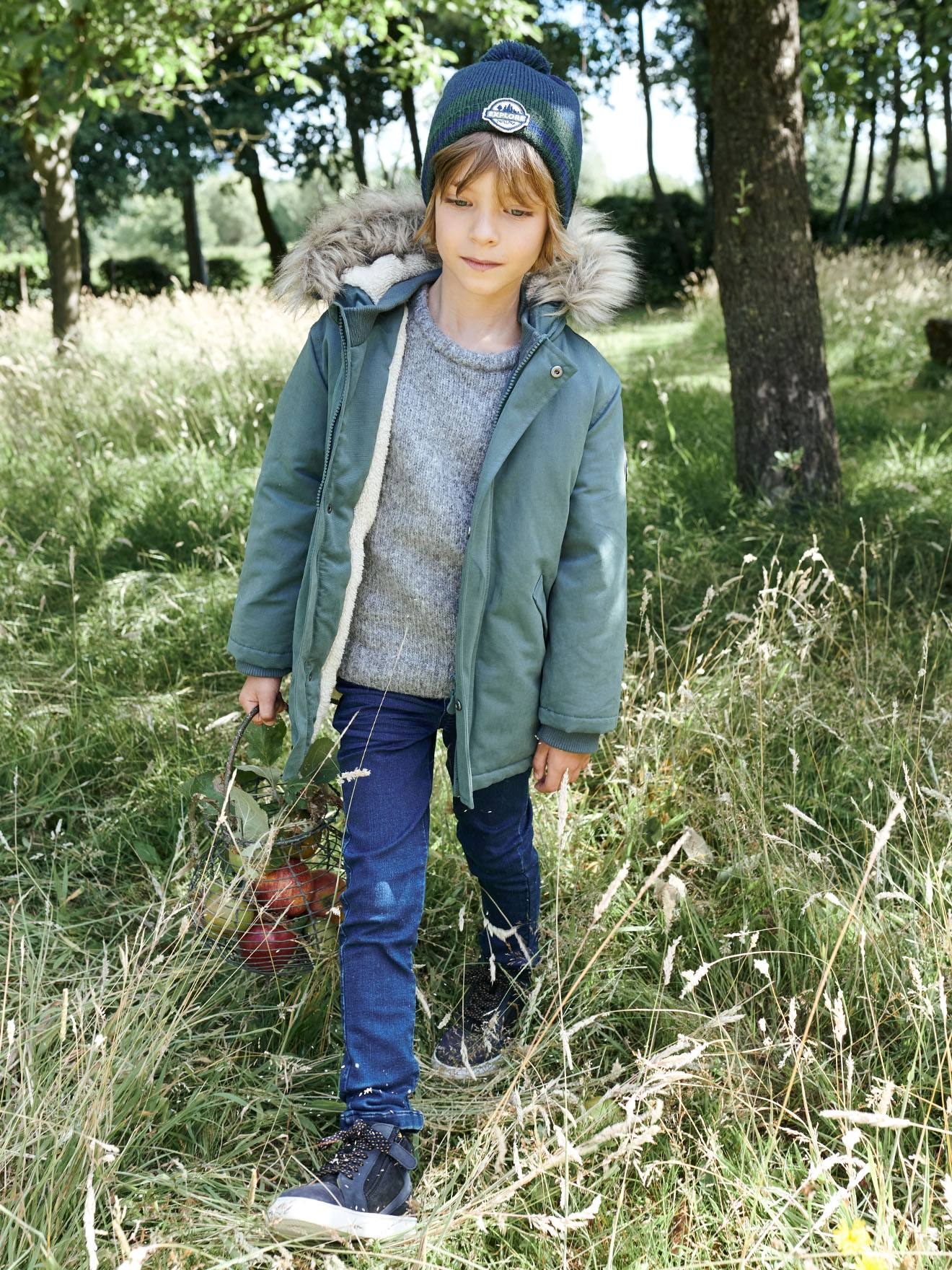 Vertbaudet Jungen Jacke mit Kapuze, Wattierung Recycling-Polyester - graugrün