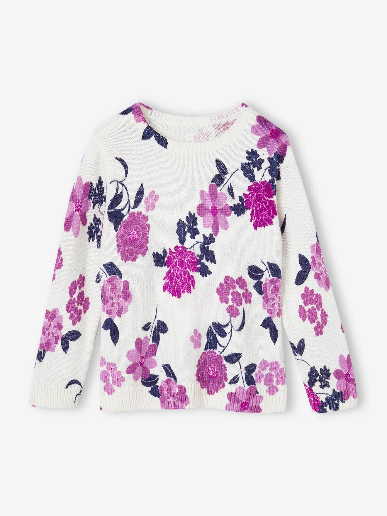Pull motifs fleurs fille rose imprimé