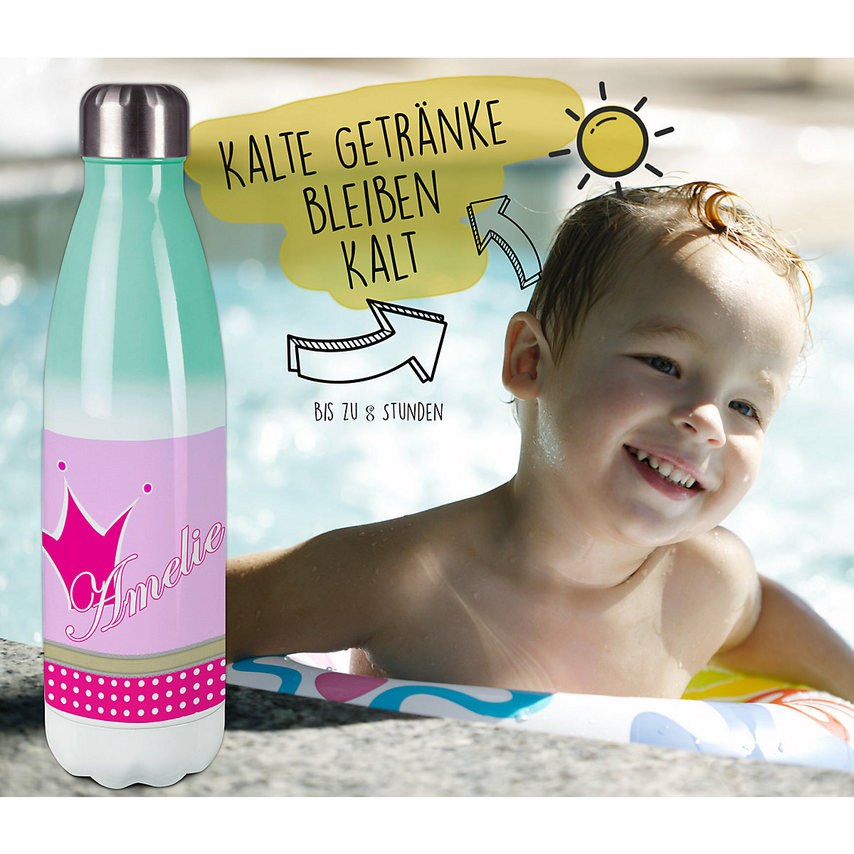 Edelstahl Kinder Thermoflasche / Trinkflasche bunt Krone Farbe pink Spülmaschinenfest, Auslaufsicher, Bruchfest, Doppelwandig, Für Heißgetränke geeignet, Mit Deckel, Isoliert