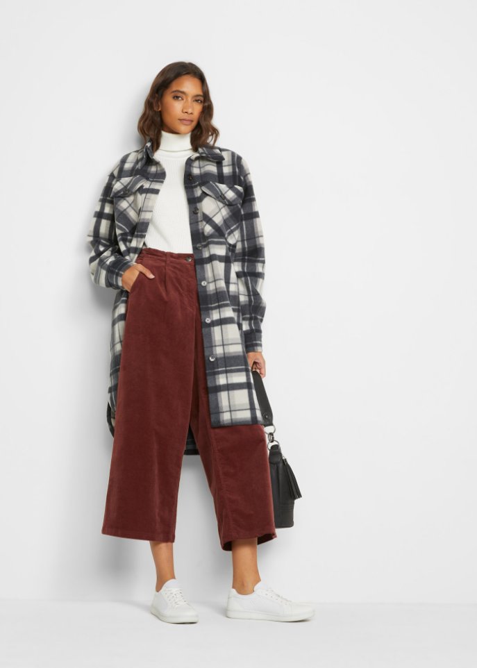 Weite Stretchcord-Culotte mit High-Waist-Bequembund, 7/8-Länge
