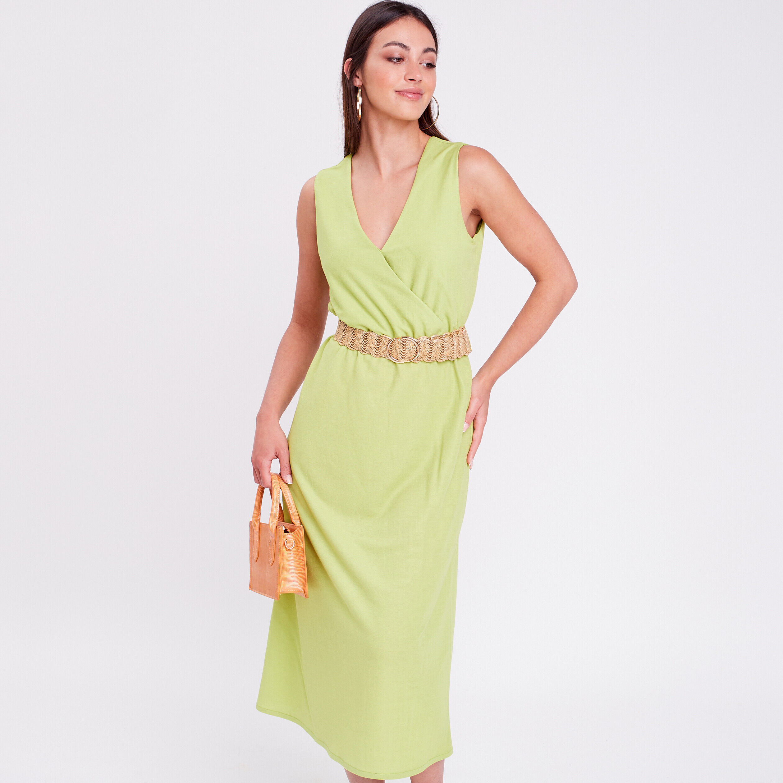 Robe midi évasée ceinturée vert anis femme | Cache Cache