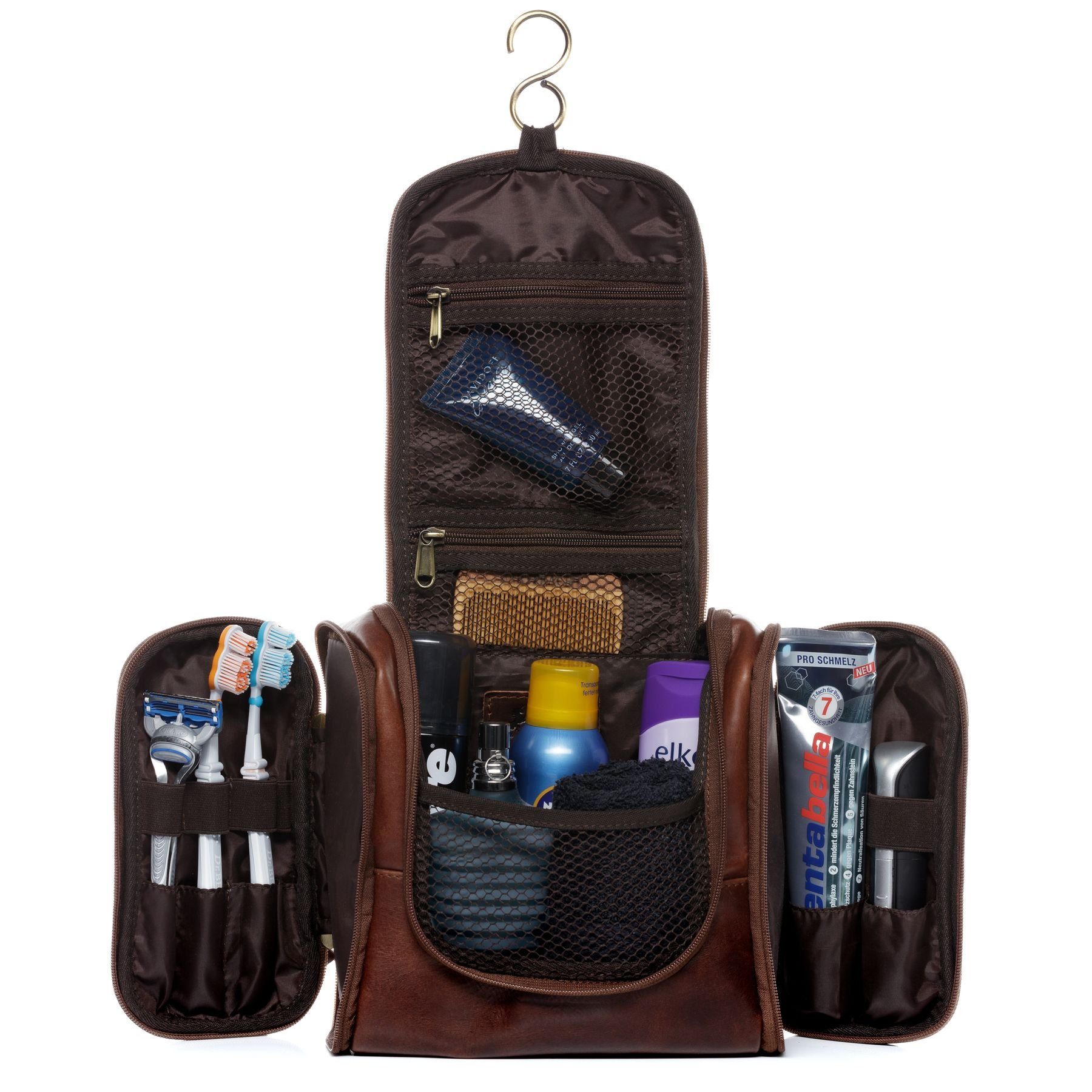 SID & VAIN Kulturbeutel Leder Kulturtasche Unisex DEXTER, Waschbeutel Echtleder für Damen & Herren, Kosmetiktasche braun-cognac