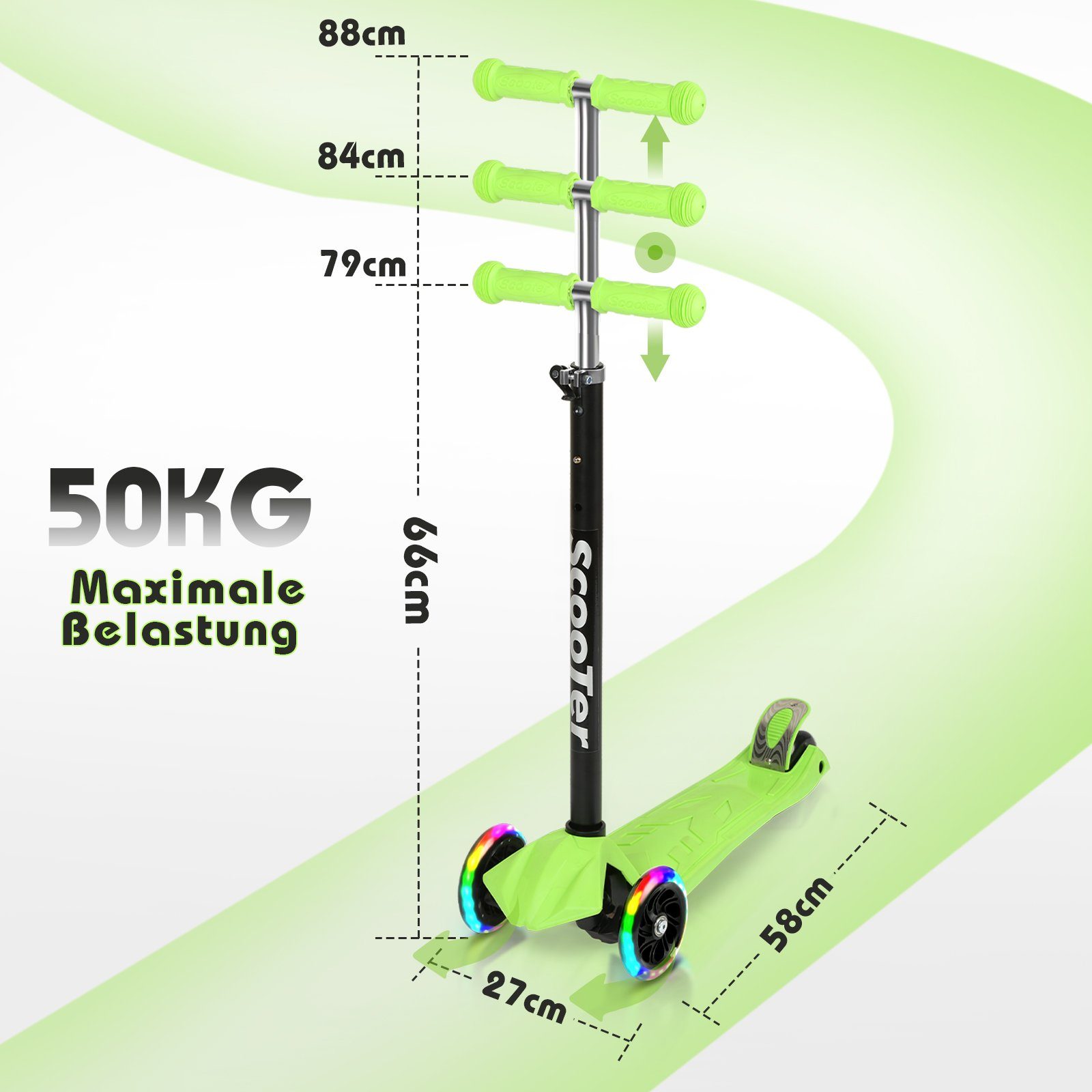 Clanmacy Scooter Kinderroller Tretroller Cityroller LED Räder Höhenverstellbar Grün