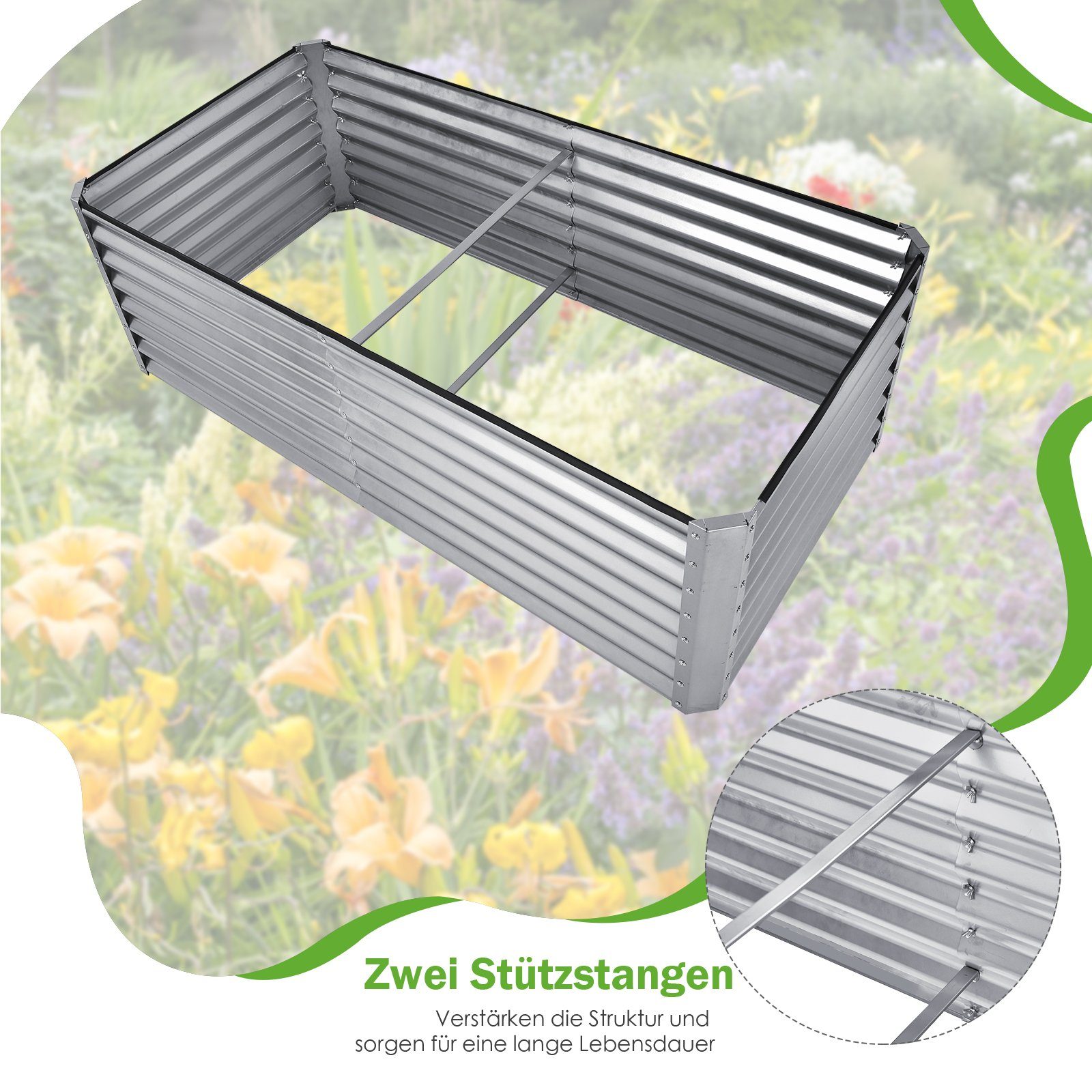 COSTWAY Hochbeet, Rechteckiges Frühbeet Metall, 178,5 x 88,5 x 60 cm