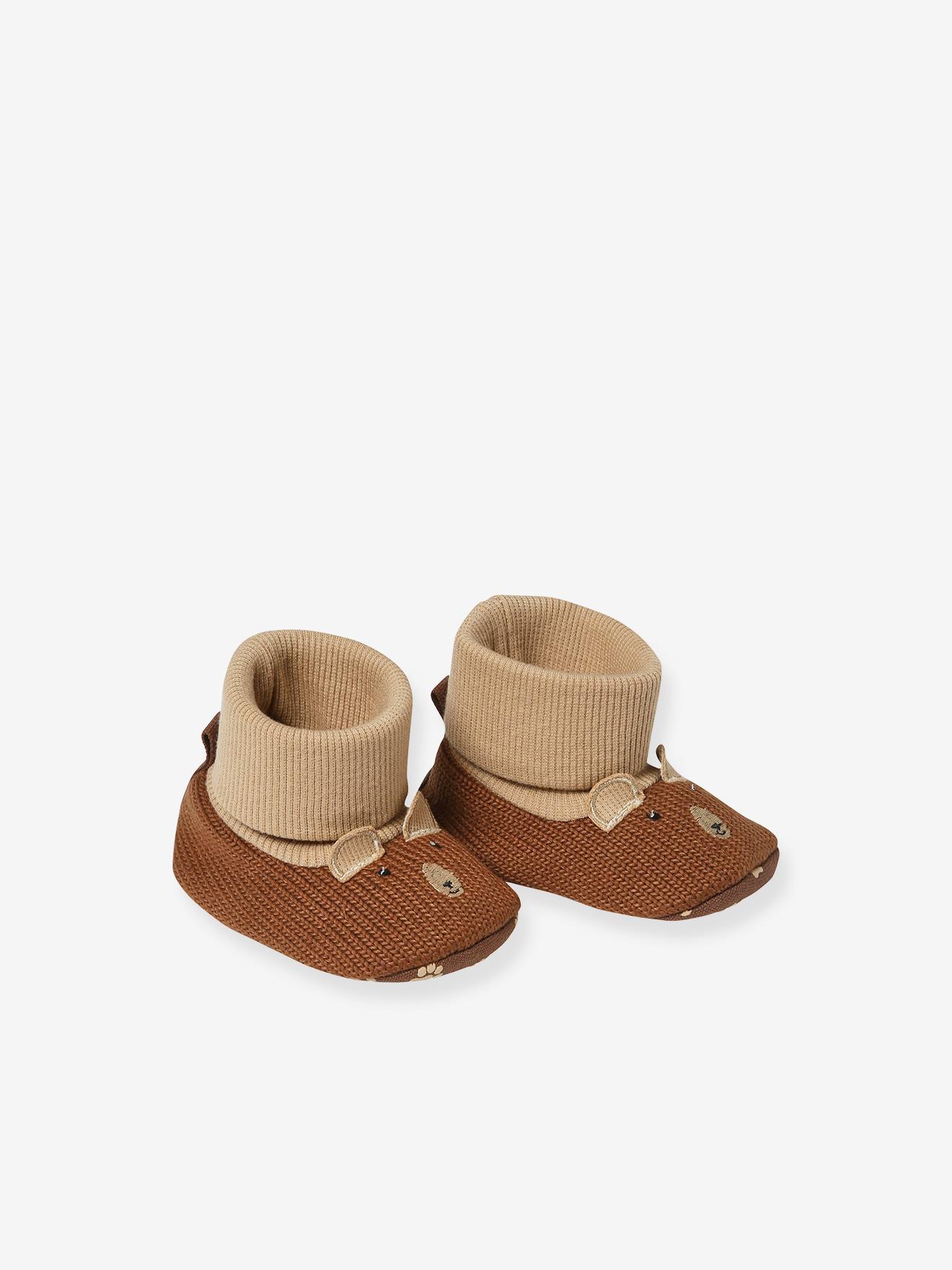 Chaussons souples tricot bébé marron