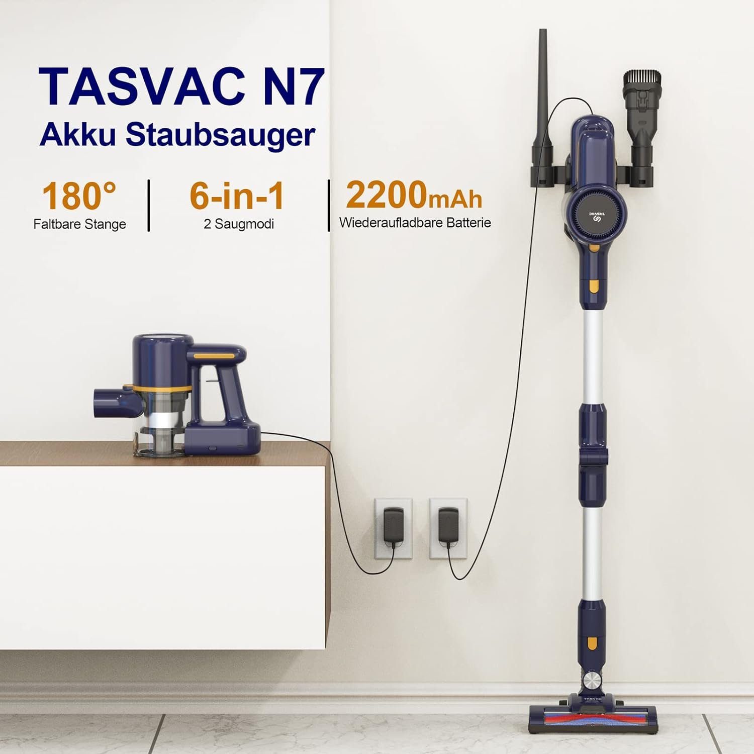 TASVAC Akku-Stielstaubsauger TASVAC, Akku Staubsauger, 25KPa, 55 Minuten, Akku-Hand-und Stielstaubsauger