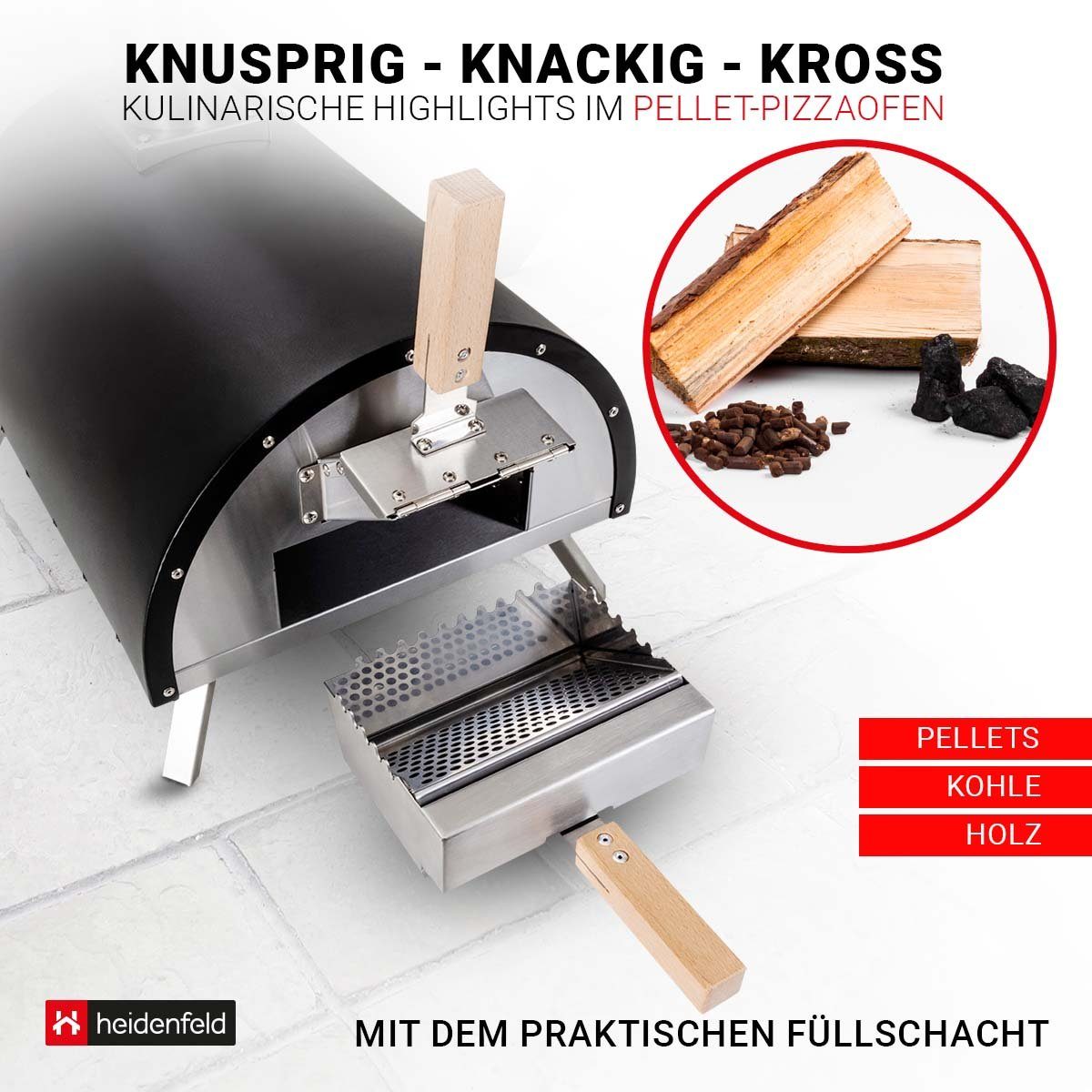 Heidenfeld Pizzaofen Edelstahl Pizza Ofen Neapel inkl. Pizzastein - bis 500°C, Pellets oder Hybrid 2in1 Gasgril - Sichtfenster - Backofen - Holzofen