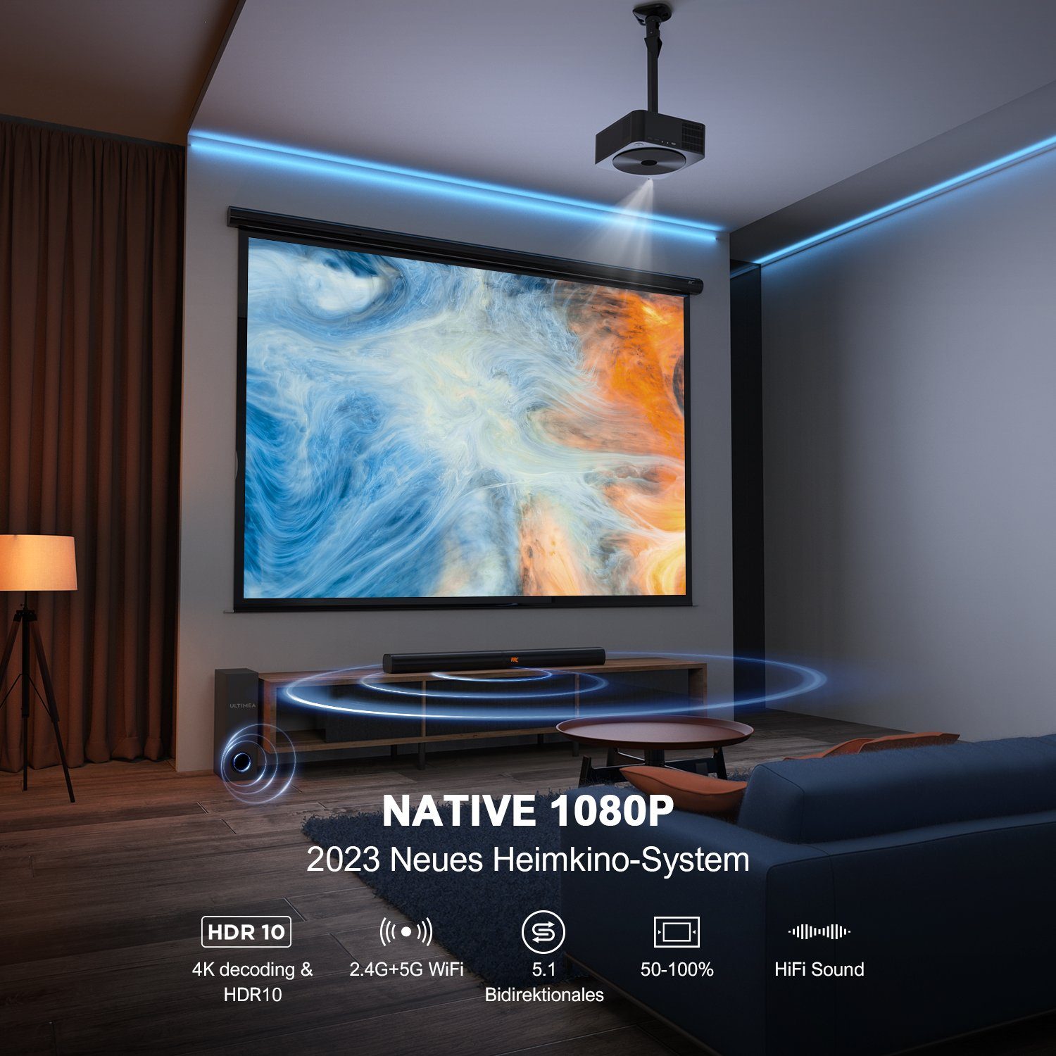 Ultimea Apollo P40 + Tapio VII 2.1 Heimkinosystem (beamer & Soundbar, 1080P, 700ANIS)