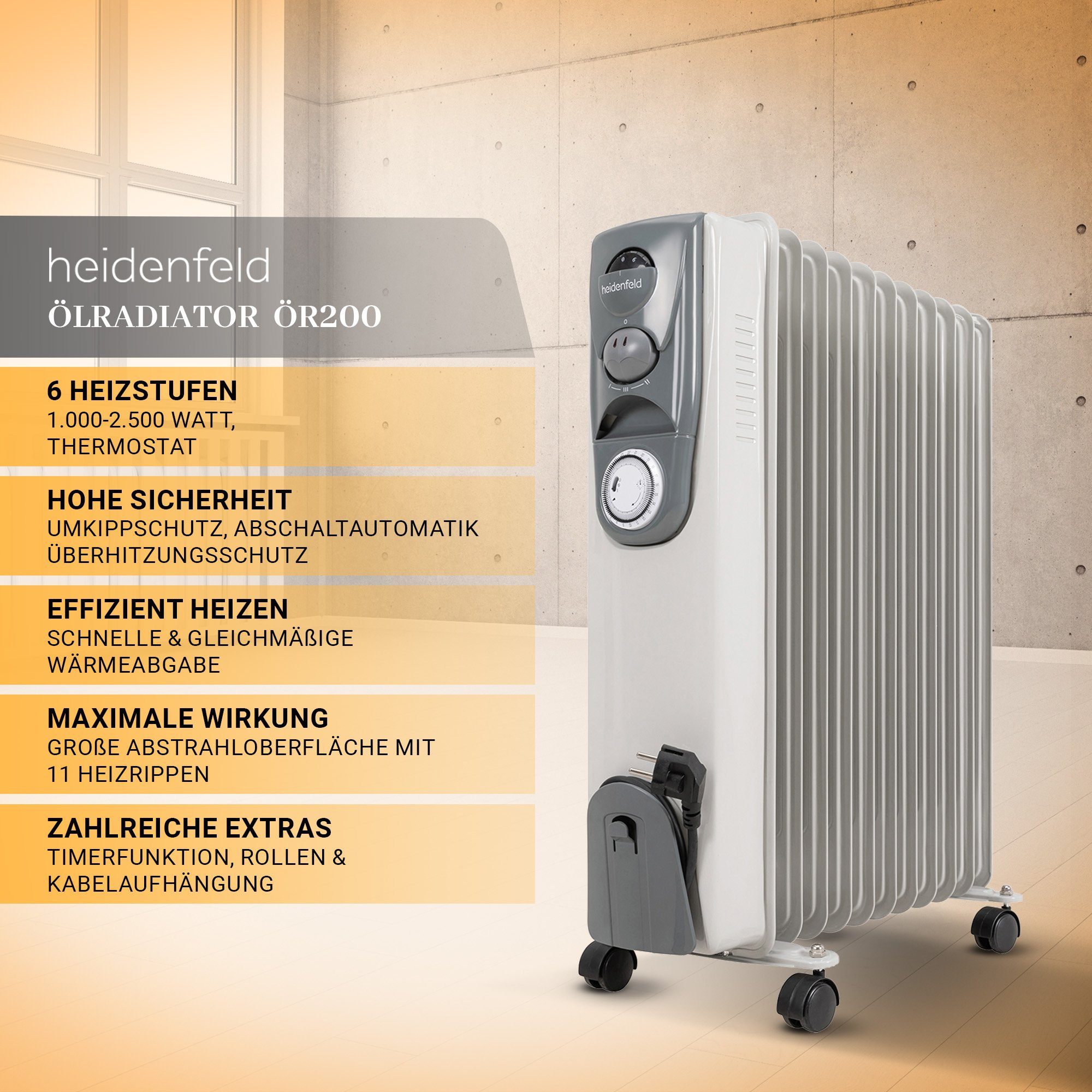 Heidenfeld Ölradiator Mobiler Elektro Heizkörper ÖR200 Heizung inkl. 3 J. Garantie, 2500 W, Thermostat - Heizstrahler - Elektroheizung - Heizlüfter