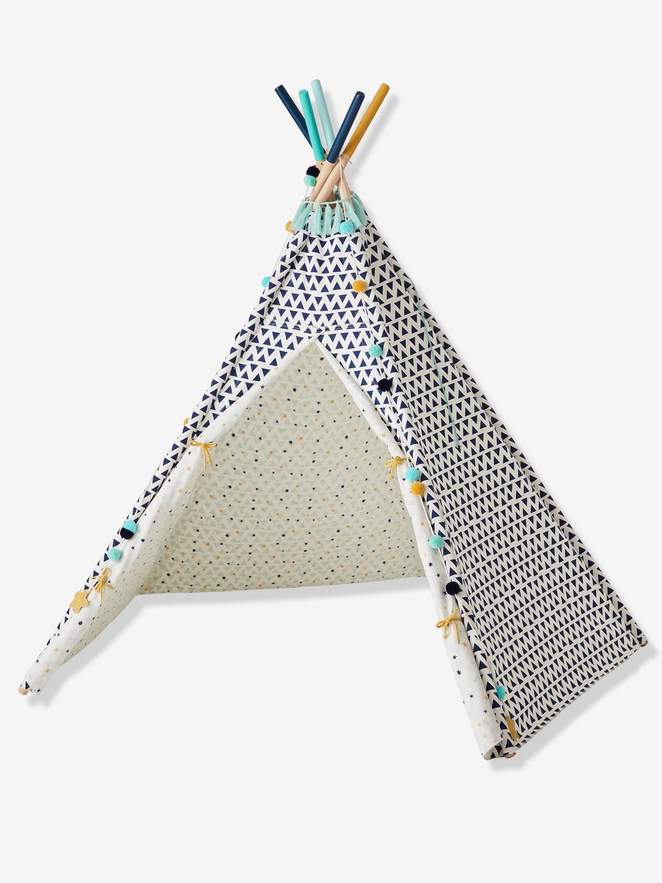 Vertbaudet Kinder Spielzelt SIOUX, wendbares Tipi mit Holzstangen, FSC - weiß/blau bedruckt