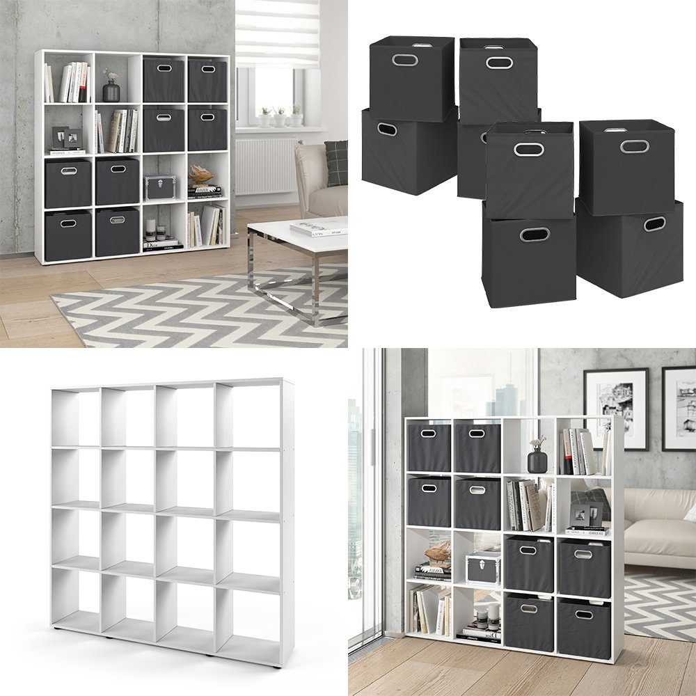 Vicco Raumteiler Würfelregal Standregal KARREE 16 Fächer Weiß inkl. Faltboxen
