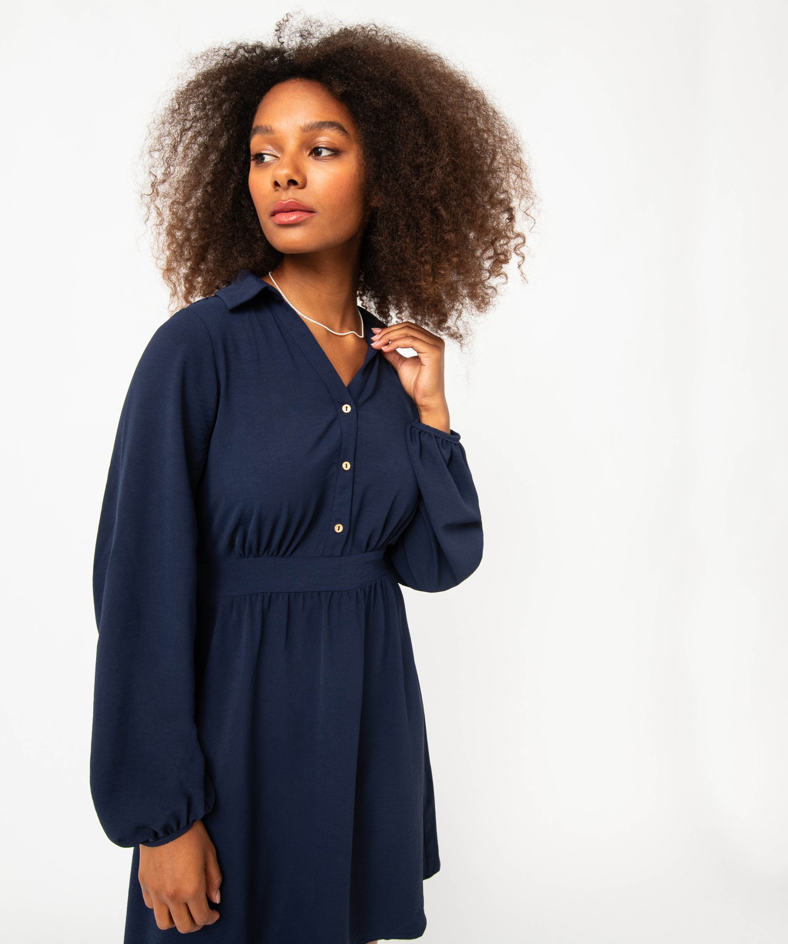Robe à manches longues avec col chemise femme bleu fonce | GEMO