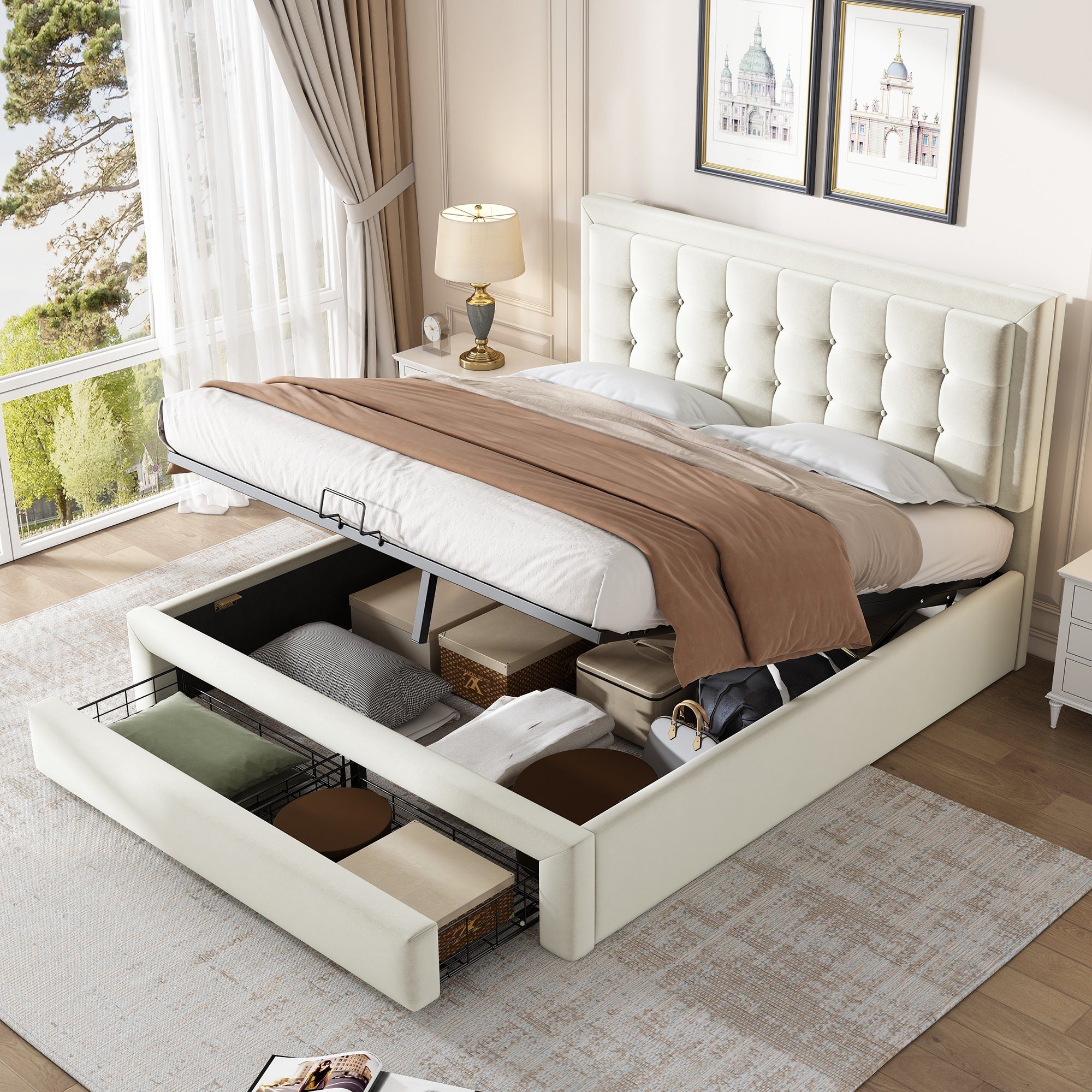 Ulife Polsterbett hydraulisches Doppelbett Funktionsbett Bettrahmen (mit Lattenrost und Kopfteil,mit 2 Schubladen), Holzlattenunterstützung, Samt, 140 x 200cm