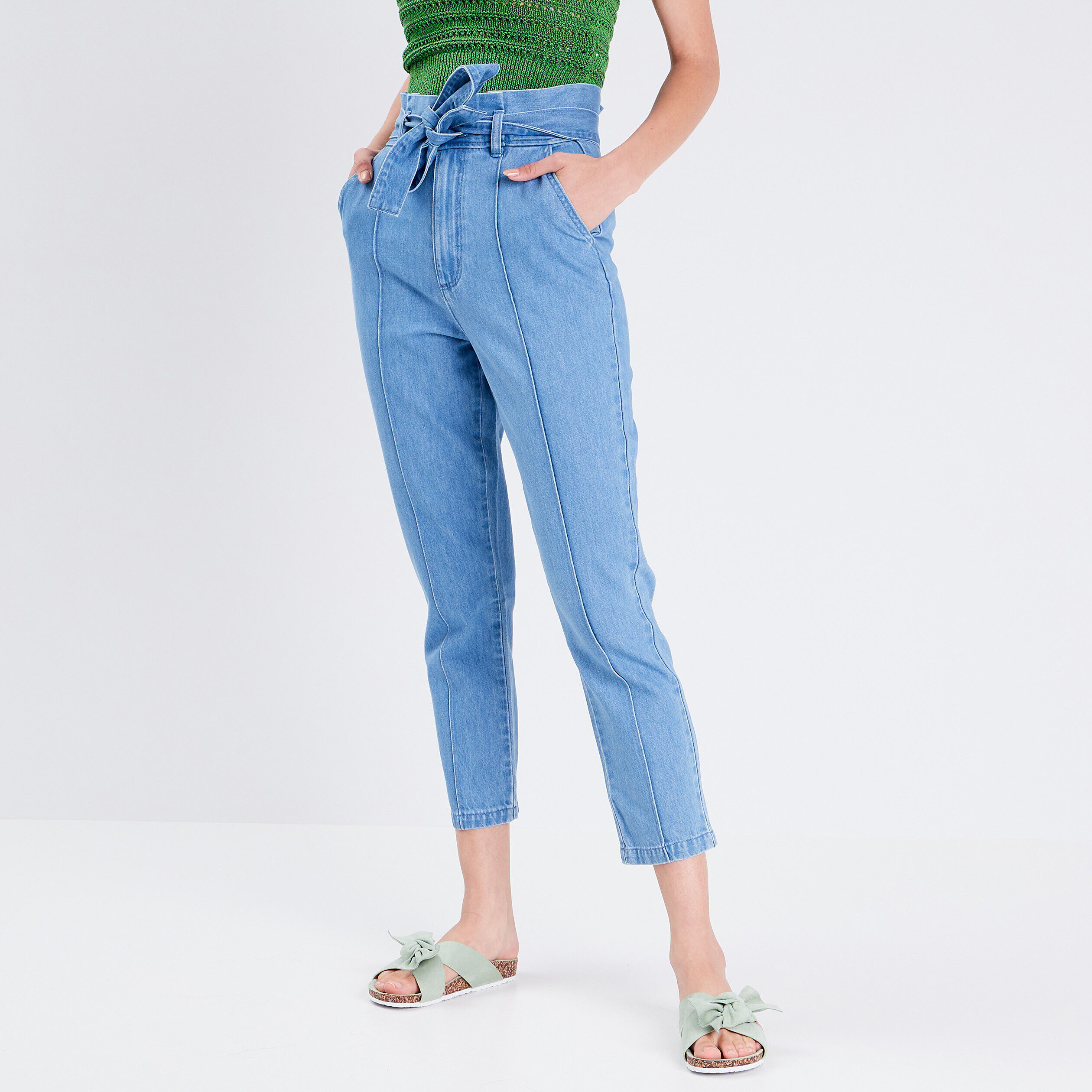 Jeans paperbag taille haute ceinturée denim stone femme | Cache Cache