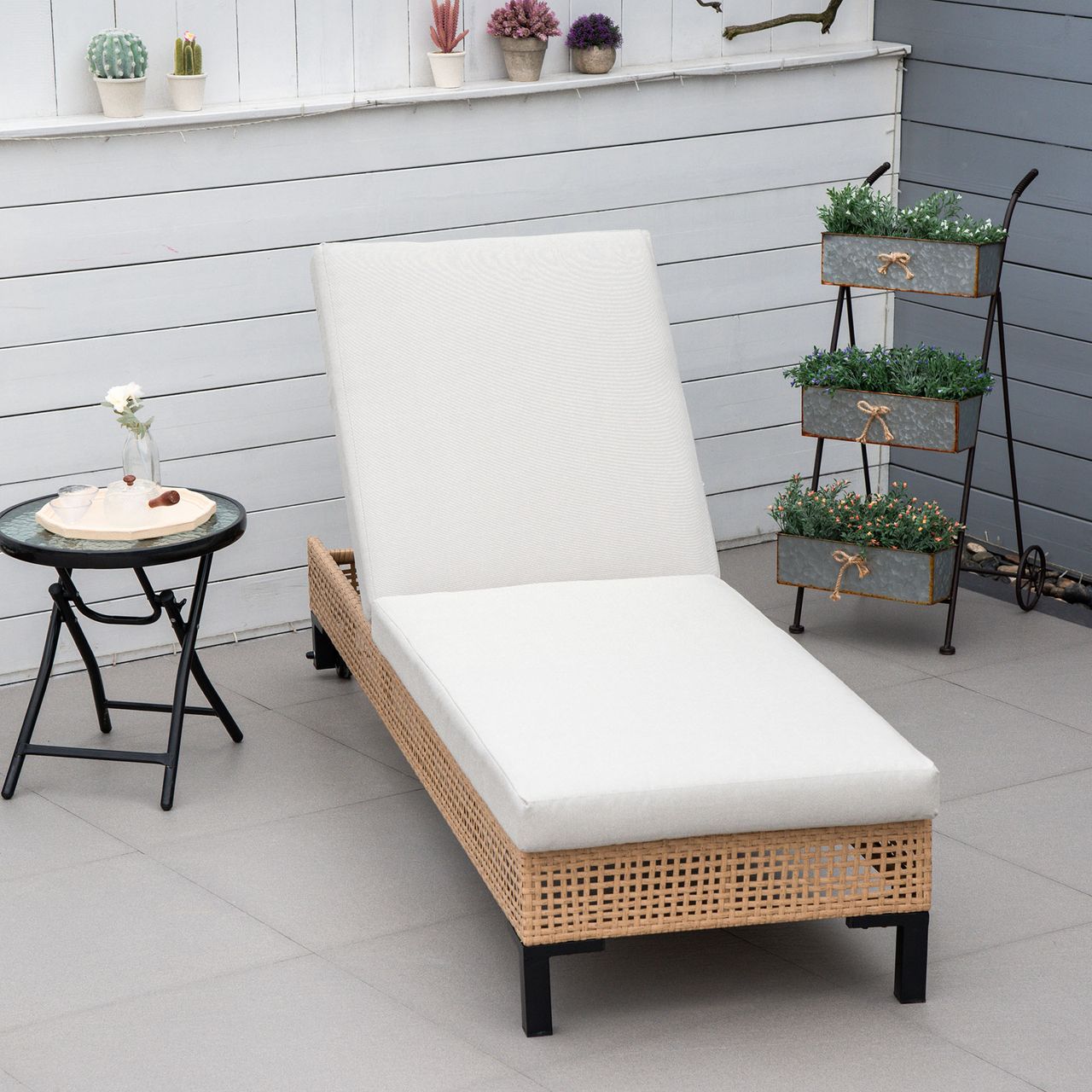 Outsunny Polyrattan Sonnenliege Gartenliege mit Kissen 3-stufig verstellbar Rattanliege Gartenmöbel Liege Stahl Natur 65 x 200 x 31 cm