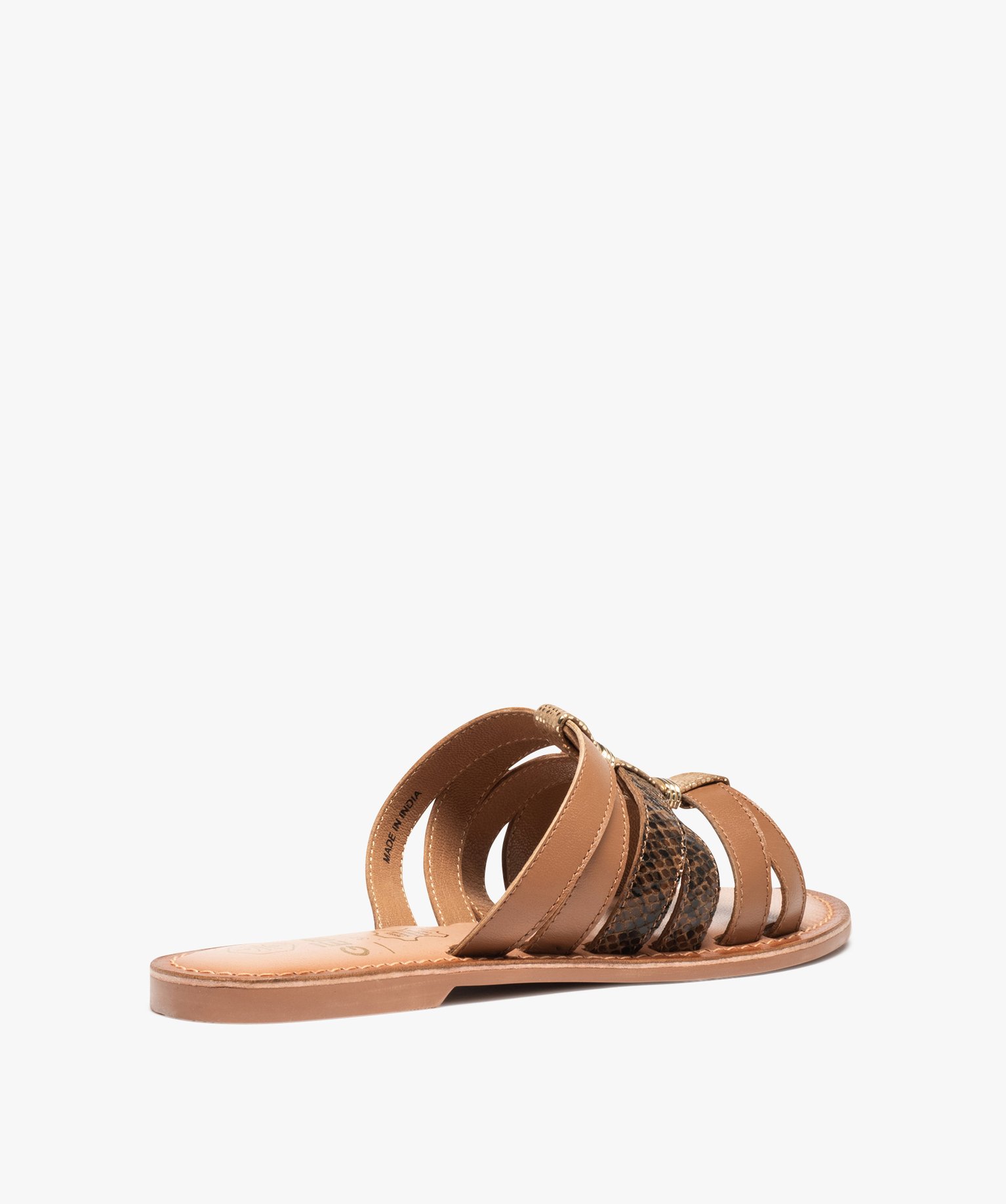 Sandales femme mules plates dessus cuir détails métal marron | GEMO