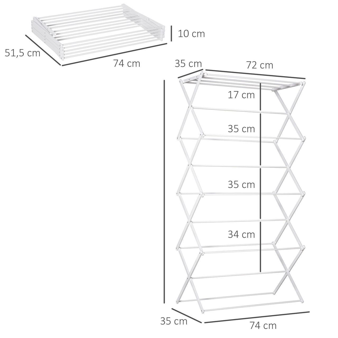 HOMCOM Wäscheständer faltbar 8-stufiger Trockengestell Trockenständer Metall Kunststoff Weiß 74 x 35 x 144 cm