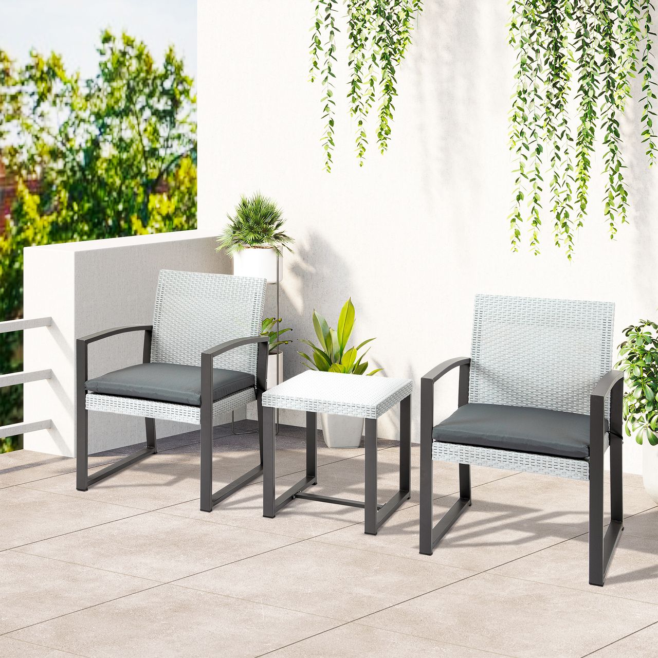 Outsunny Polyrattan Bistroset 3-tlg. Sitzgruppe Balkonmöbel Set Gartensitzgruppe mit Beistelltisch Gartenset Sitzgarnitur mit Sitzkissen Stahl Schwarz Grau