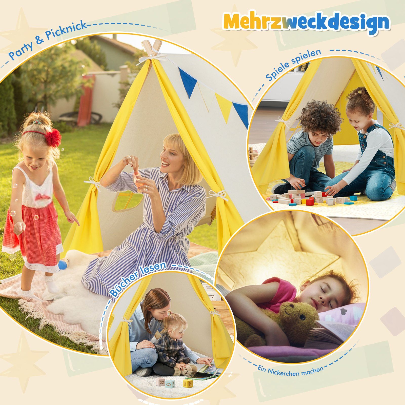 COSTWAY Tipi-Zelt Kinder Spielzelt, Personen: 2, 137 x 145 x 121 cm