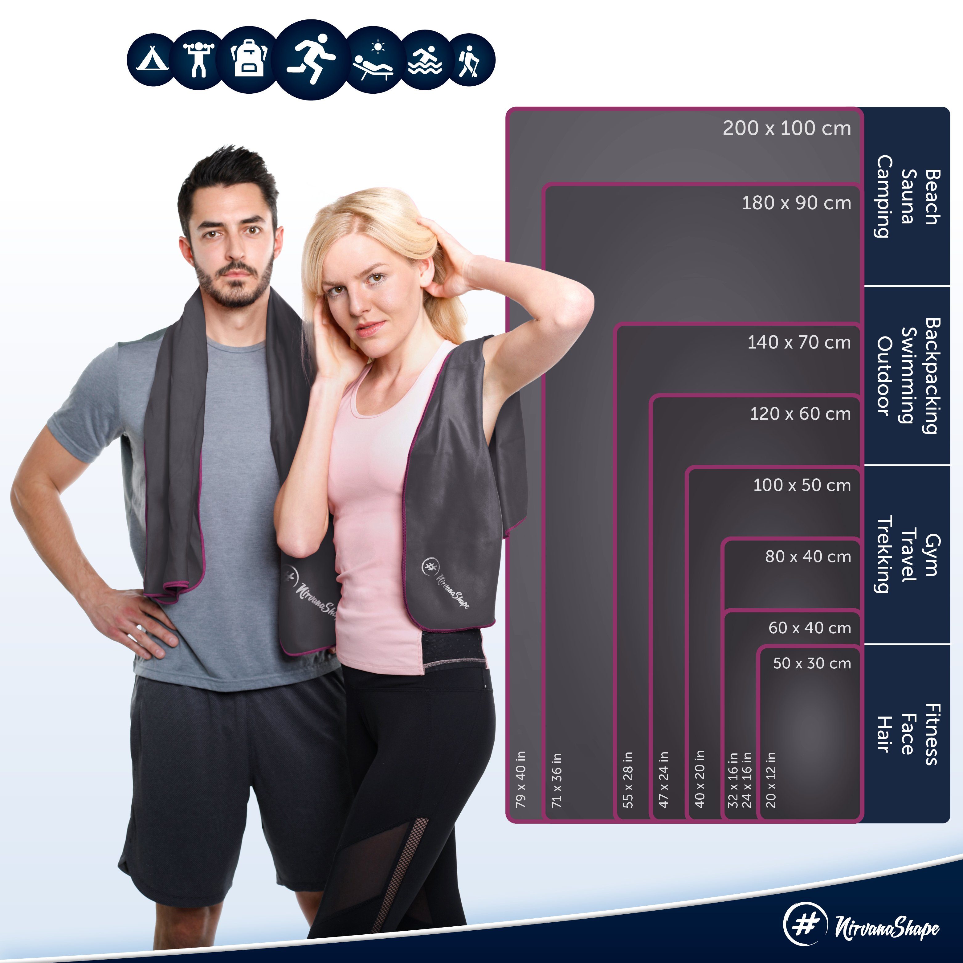 NirvanaShape Sporthandtuch Mikrofaser Handtuch, Badehandtuch, Reisehandtuch, Sporthandtuch, saugfähig, leicht, schnelltrocknend, für Reisen, Fitness, Yoga, Sauna