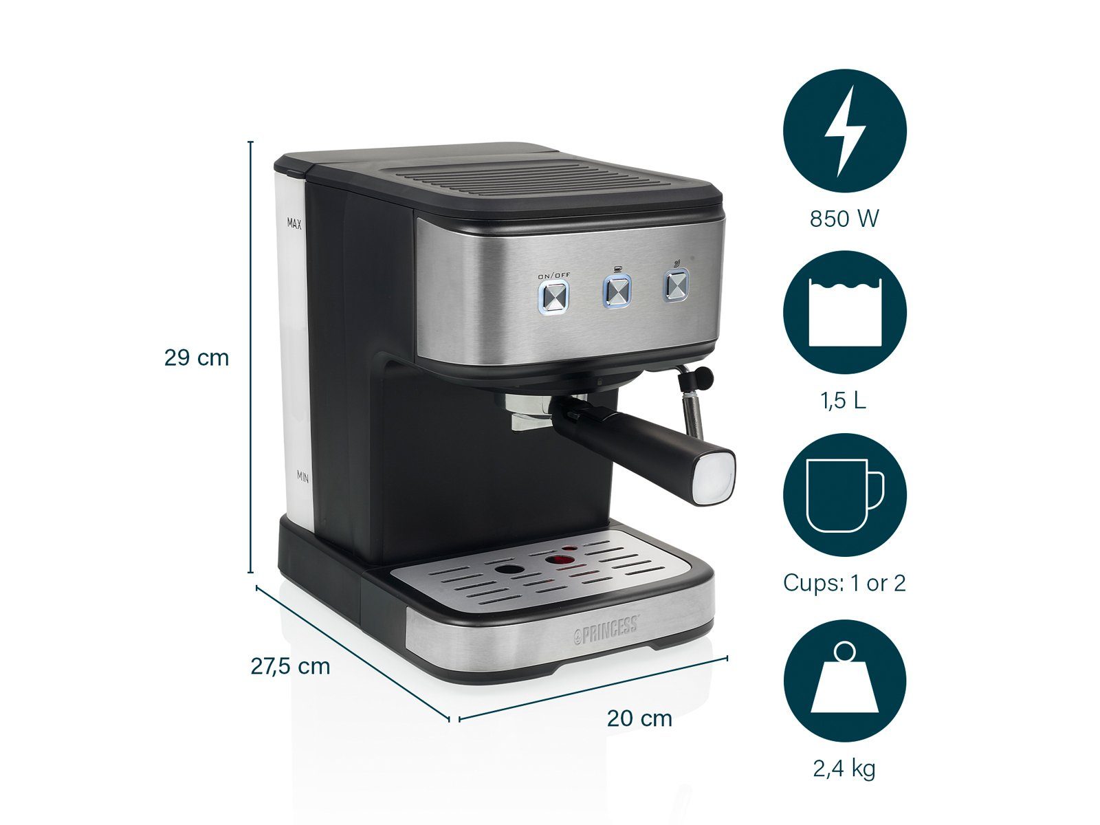 PRINCESS Siebträgermaschine, italienische Siebdruck Kaffee & Espresso-Maschine mit Milchaufschäumer