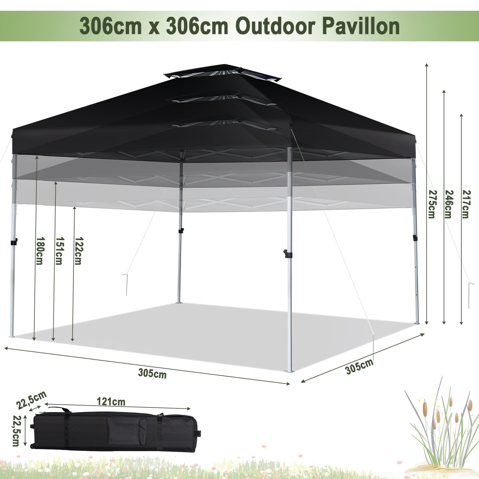 COSTWAY Faltpavillon Pop-Up Pavillon höhenverstellbar, inkl. Tragetasche