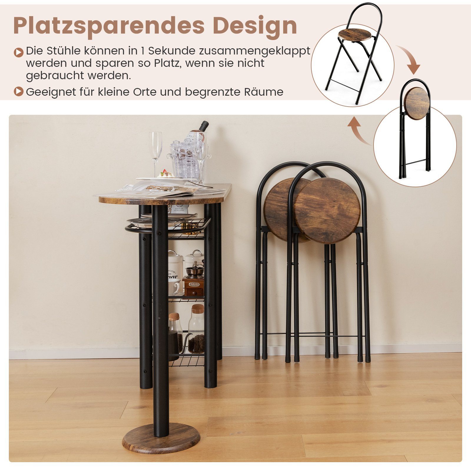 COSTWAY Bartisch (3-St), mit 2 Barhocker und 4-stufigem Regal, für 2 Personen