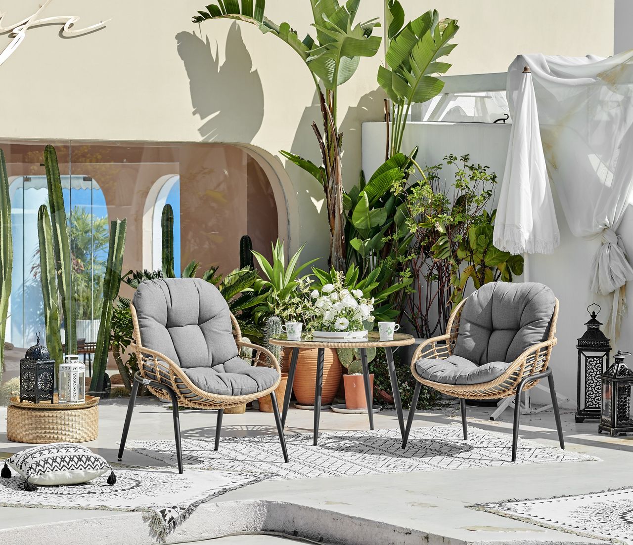 Happy Home Happy Home Dining-Set 3 tlg. HGS39-GRA helles Rattan mit Sitzkissen in grau