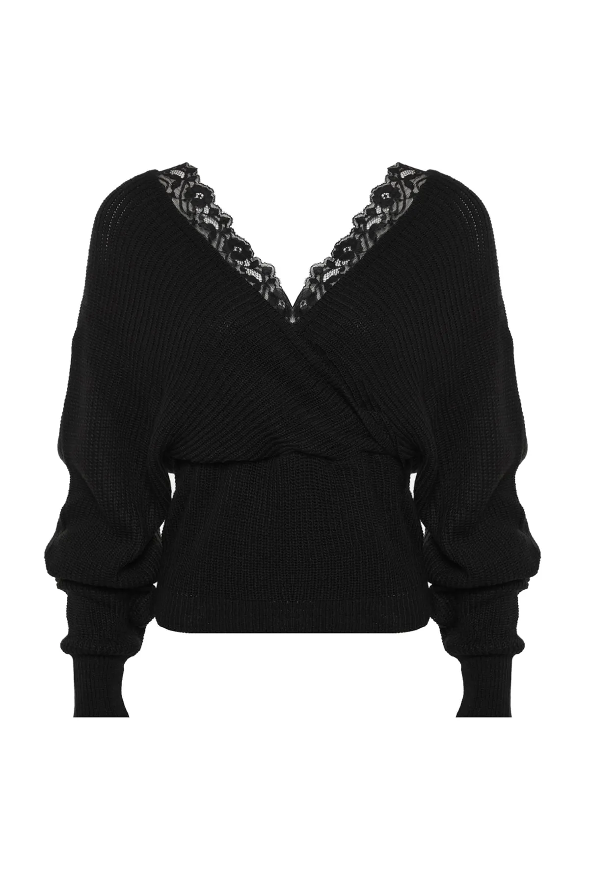 Trendyol Collection  Schwarzer zweireihiger Strickpullover mit Spitze TWOAW22KZ0522