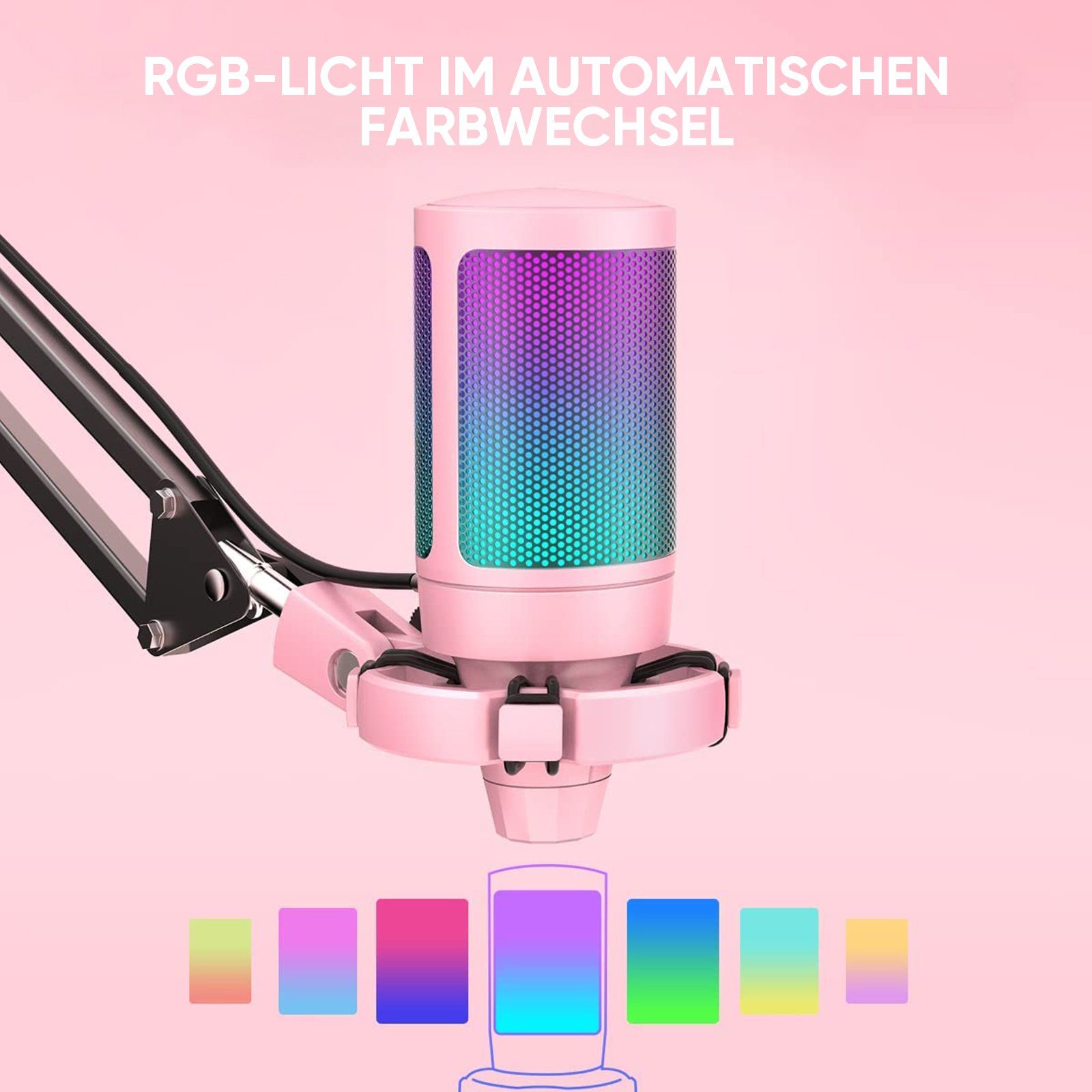 FIFINE Mikrofon USB Mikrofon Streaming mit Arm Kondensator Mikrofon Set PC Gaming RGB, Stummschalttaste, Popfilter und Stoßdämpferhalterung, Pink