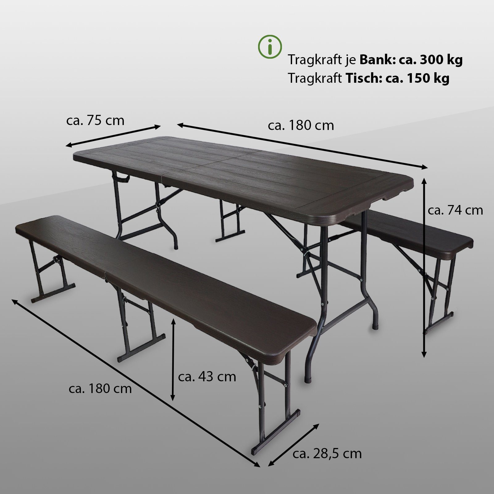 TRUTZHOLM Bierzeltgarnitur Bierzeltgarnitur graue Holzoptik Festzeltgarnitur 180x75cm klappbar, (1x Produkt / 2x Produkt, 3-tlg)