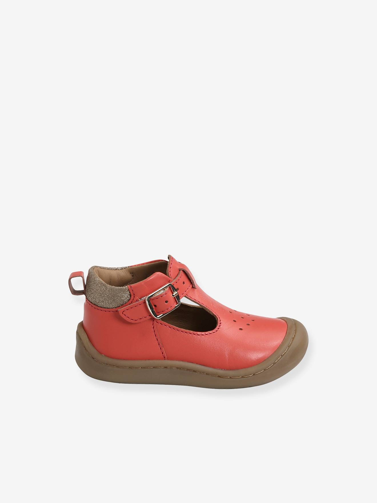 Salomés cuir souple bébé fille 4 pattes corail