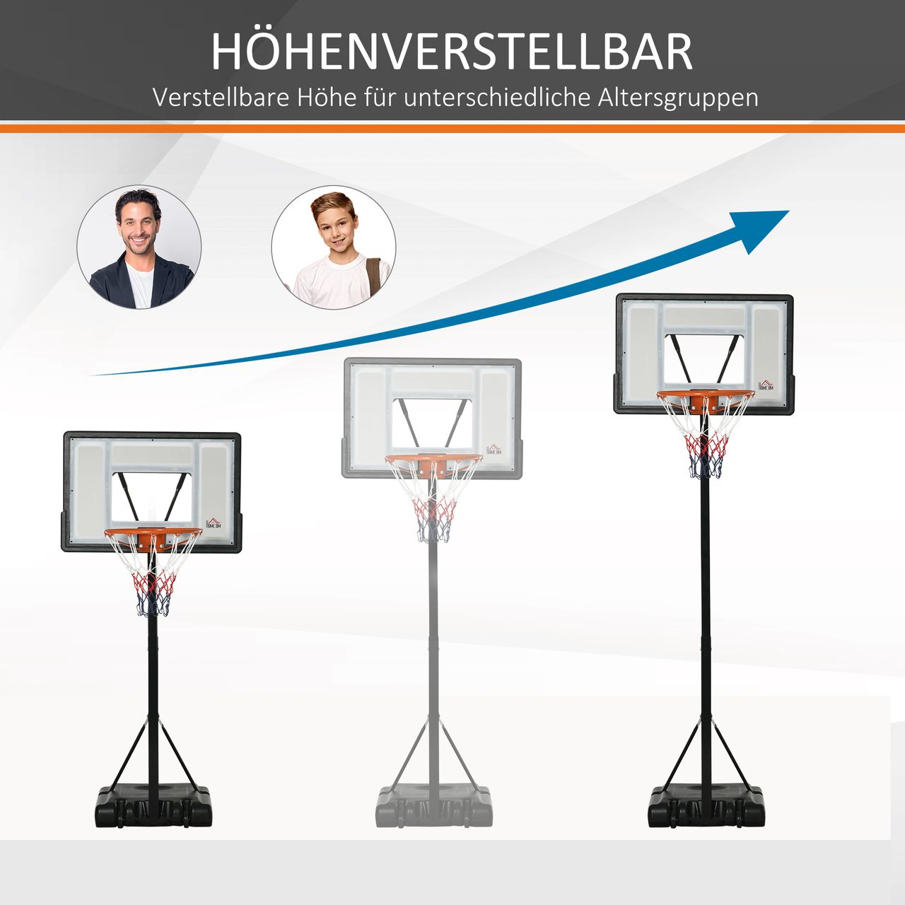 HOMCOM Basketballständer mit Rädern rollbar 260-310 cm höhenverstellbar Basketballkorb mit Ständer geeignet für den Außen- und Innenbereich Stahl Kunststoff Schwarz