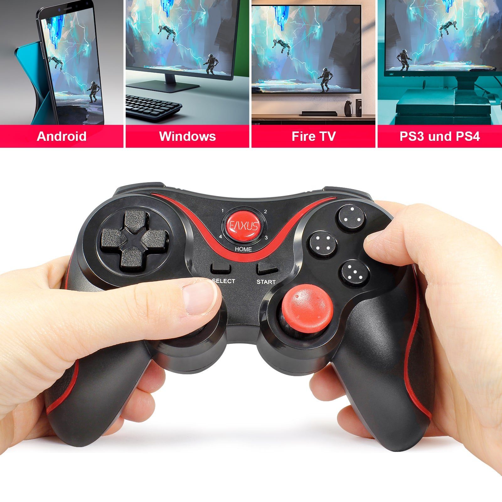 EAXUS Bluetooth Gamepad für Fire TV, Smartphone, Android, Google TV & Co. Controller (inkl. Smartphone-Halterung, Auch für Cloud Gaming, Handy & VR)