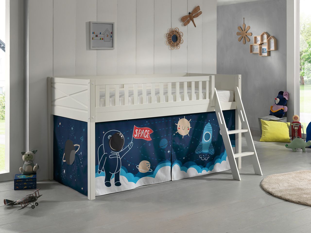 VIPACK Spielbett SCOTT, LF 90 x 200 cm, mit Rolllattenrost, Leiter und Textilset 