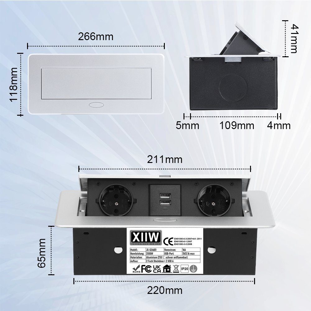 XERSEK 1.8m Kabel +Netzteil Versenkbar Einbausteckdose Tischsteckdose mit USB Einbau-Tischsteckdose (2Fach +2USB, 3500W/16A Tischplatte, Bodensteckdose), Aluminium Steckdosenleiste für Möbel, Büro, Küche