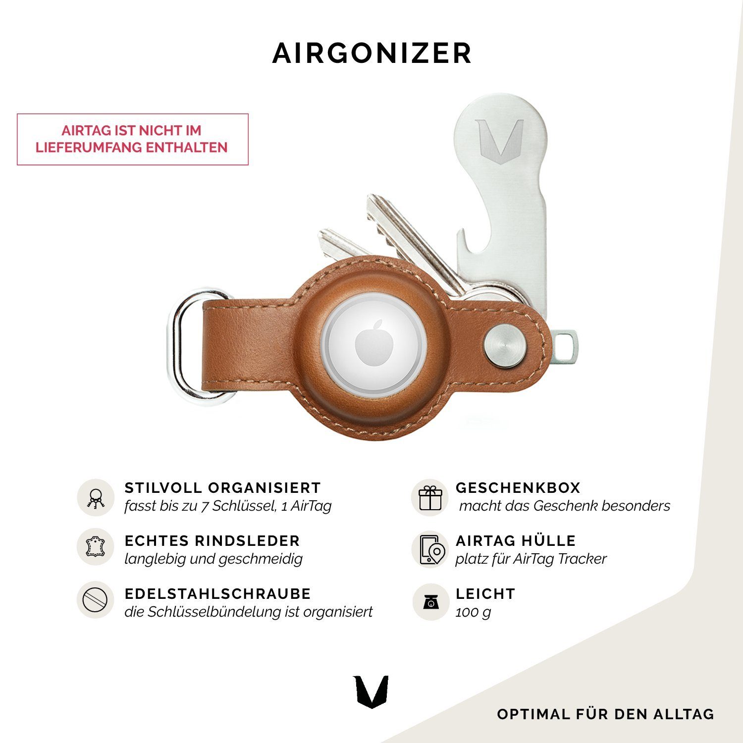 MAGATI Schlüsseltasche Airgonizer Schlüsseletui aus Echtleder für 1-7 Schlüssel (kompatibel mit Apple Airtag Tracker), inkl. Schlüsselfundservice & Einkaufswagenlöser