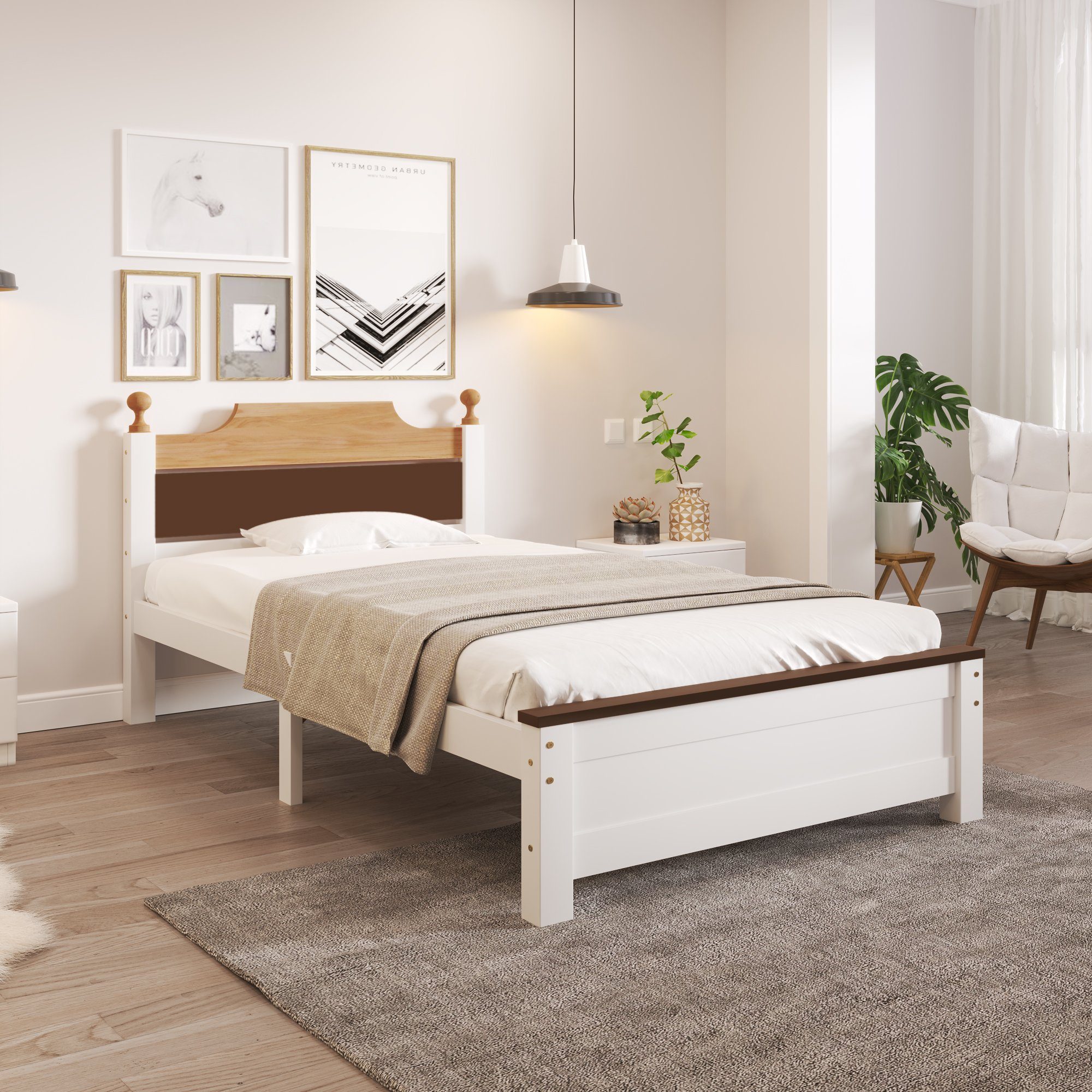 HAUSS SPLOE Holzbett Einzelbett Holzbett Bettrahmen Kinderbett Jugendbett (90x200 cm, Kiefernholzrahmen mit Mittelfuß), ohne Matratze