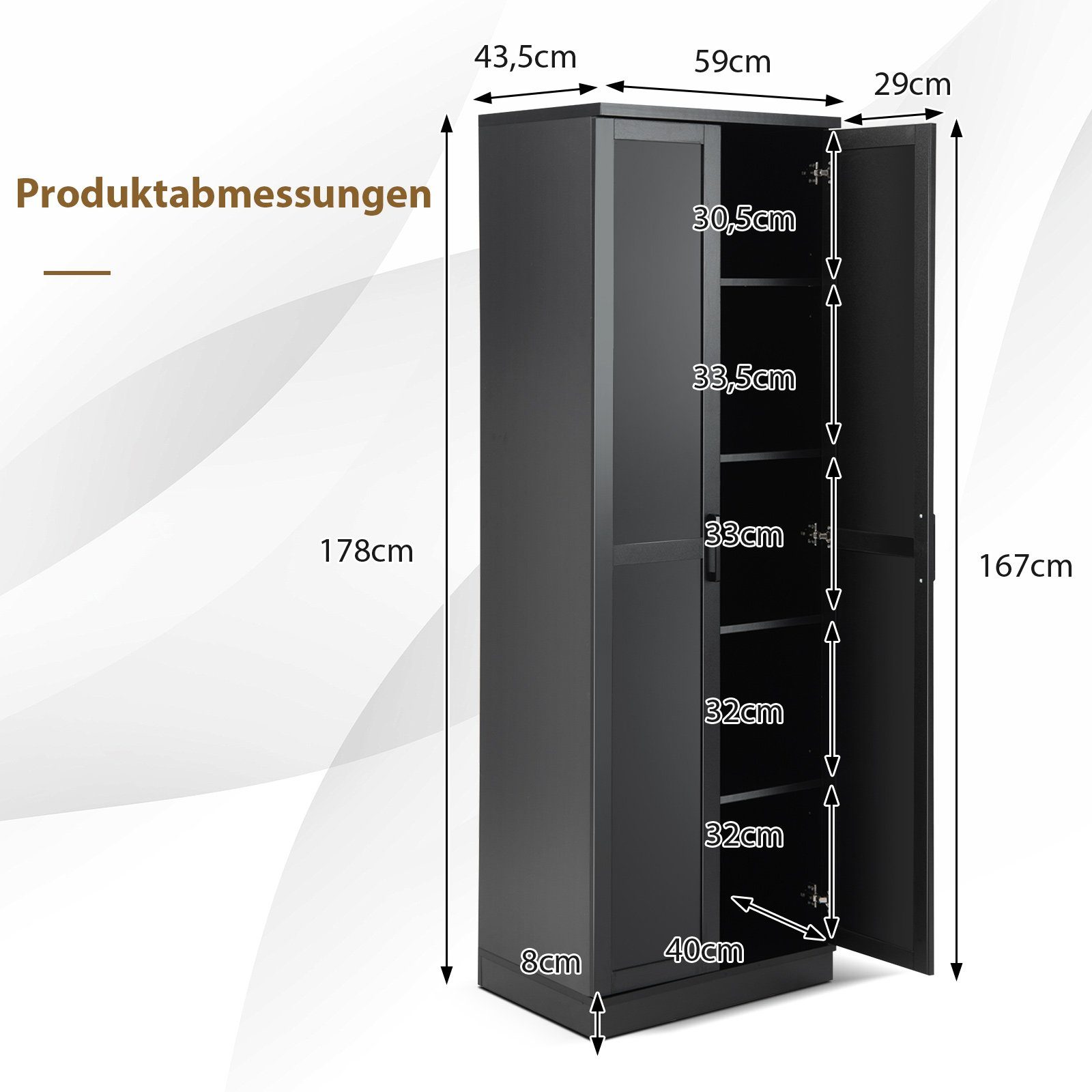 COSTWAY Küchenbuffet Küchenschrank hoch, mit Türen & Regalen, 59x43,5x178cm
